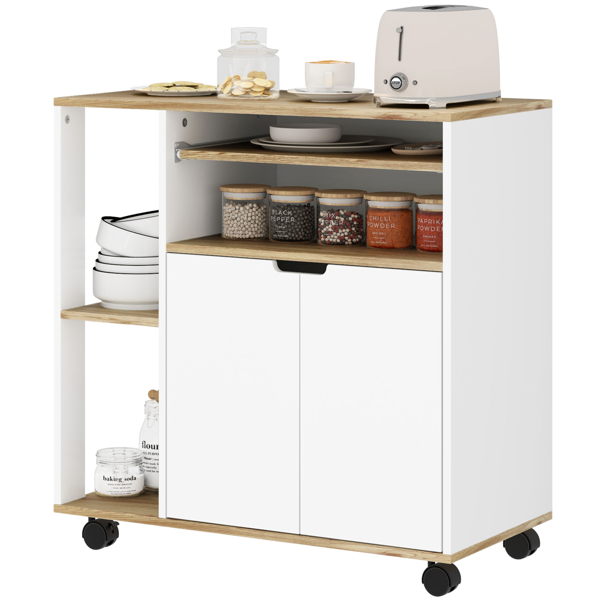 HOMCOM Küchenwagen Servierwagen mit Schrank, verschiebbaren und verstellbaren Einlegeböden, Rollwagen mit Arbeitsplatte, Rollen für Esszimmer, 80 x 40 x 82 cm, Weiß Aosom