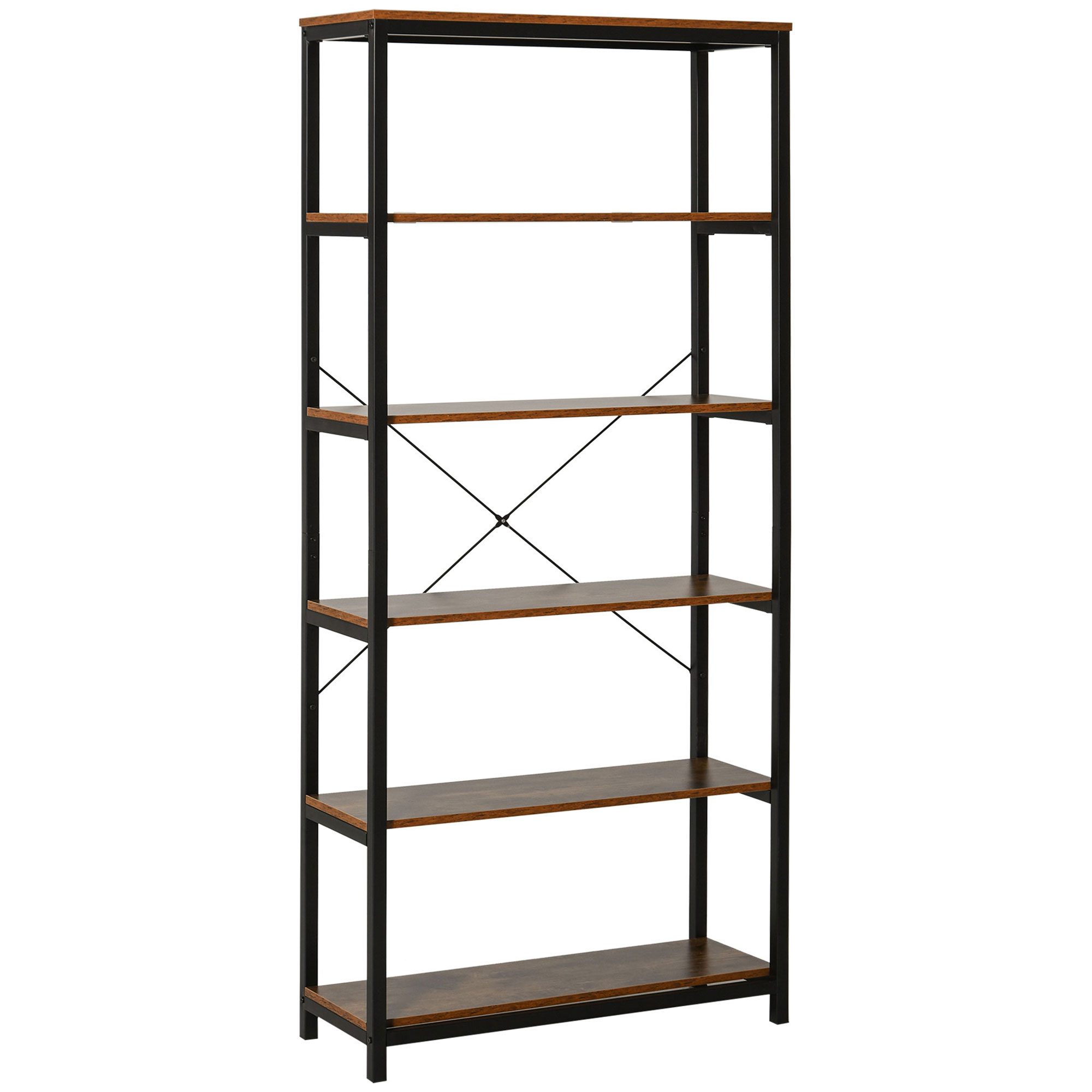 HOMCOM Bücherregal mit 5 Fächer, Standregal, Industriestil, Wohnzimmer, Schlafzimmer, Büro, E1 Spanplatte, Braun, 80 x 30 x 180 cm Aosom