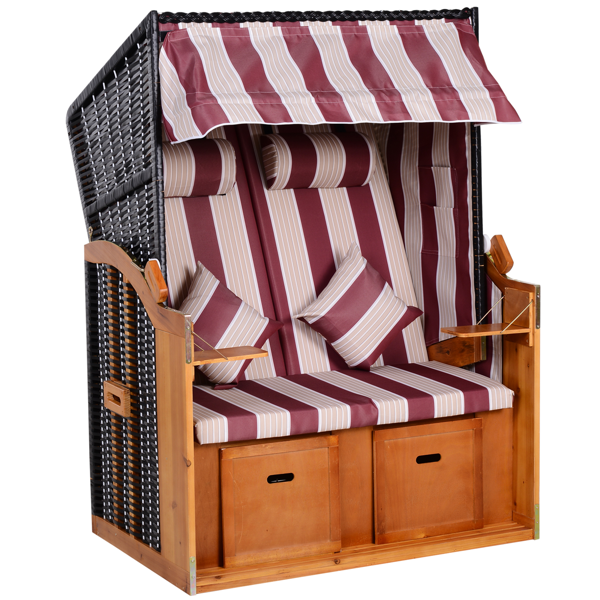 Outsunny Strandkorb Doppelte Sonnenliege mit Dach 5-stufige Rückenlehne Chaiselongue mit Getränkehaltern PE-Rattan Rot-Weiß 118x79x160cm für Garten & Balkon Aosom.de