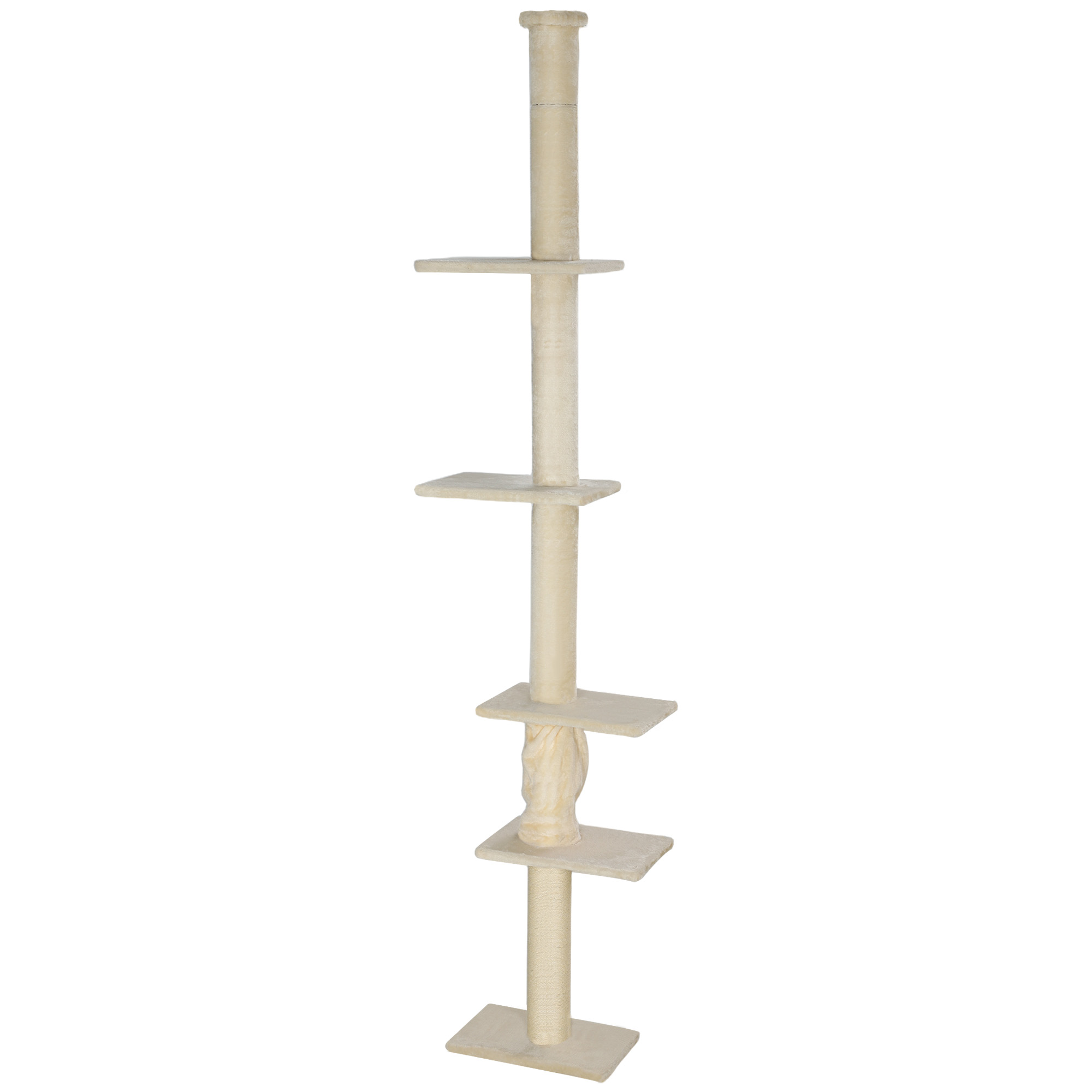 PawHut Kratzbaum Deckenhoch, Katzenbaum, 225-275 cm Katzenkratzbaum mit Plattformen, Katzenmöbel mit Kippschutz, Cremeweiß   Aosom