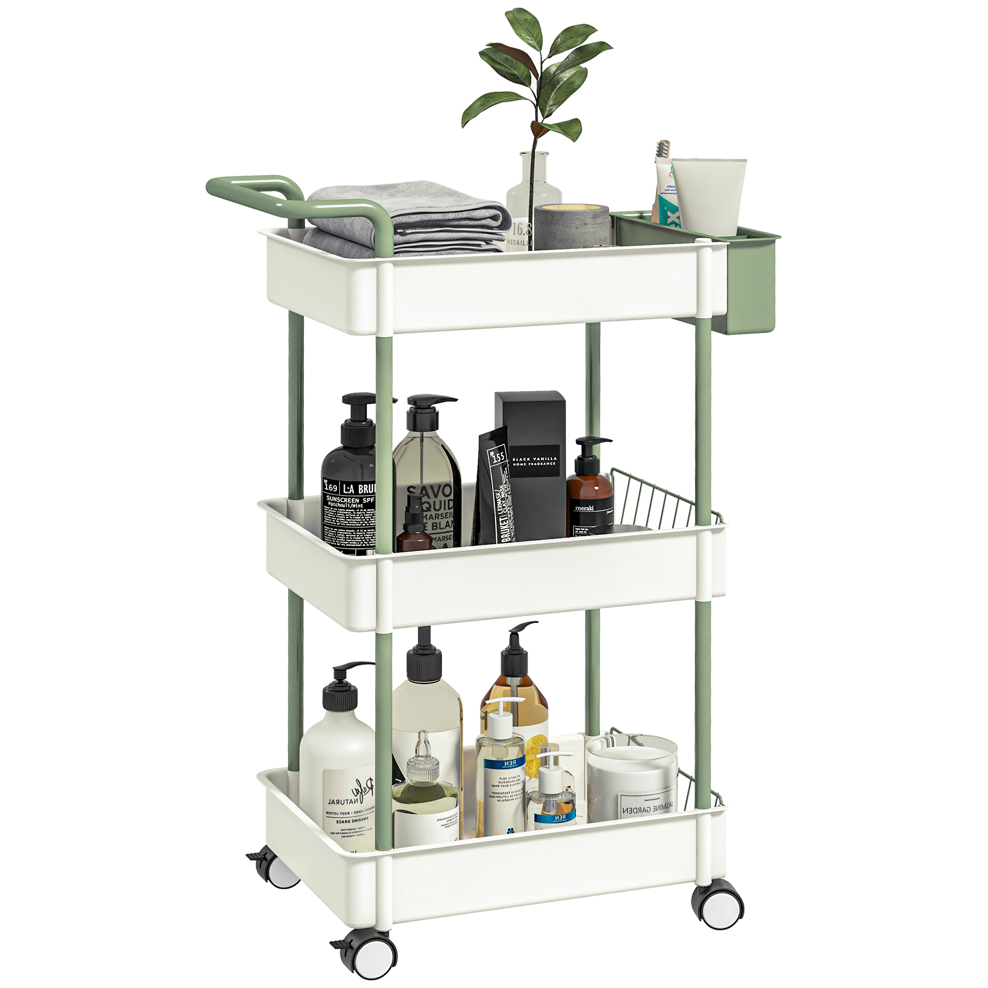 HOMCOM Rollwagen Servierwagen mit 3 Etagen und Hängekorb, Küchenwagen aus Stahl in Weiß, praktischer Aufbewahrungswagen mit Griff   Aosom.de