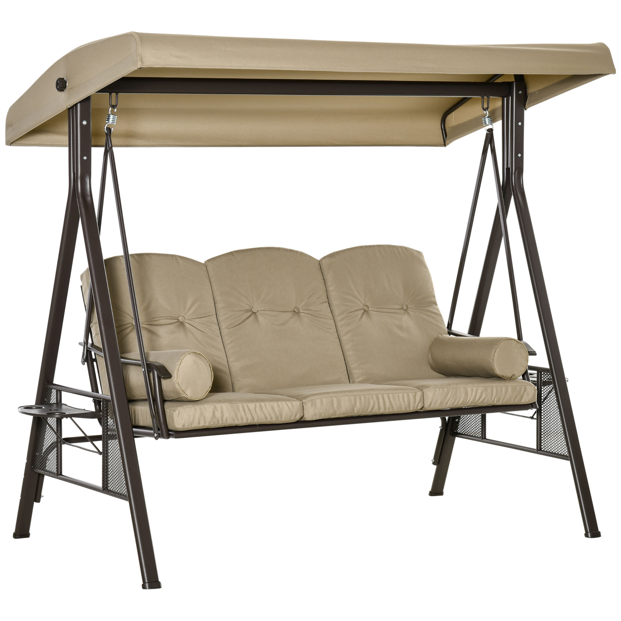 Outsunny 3-Sitzer Hollywoodschaukel Gartenschaukel mit Sonnendach Kissen Metall Polyester Khaki 116 x 206 x 183 cm   Aosom