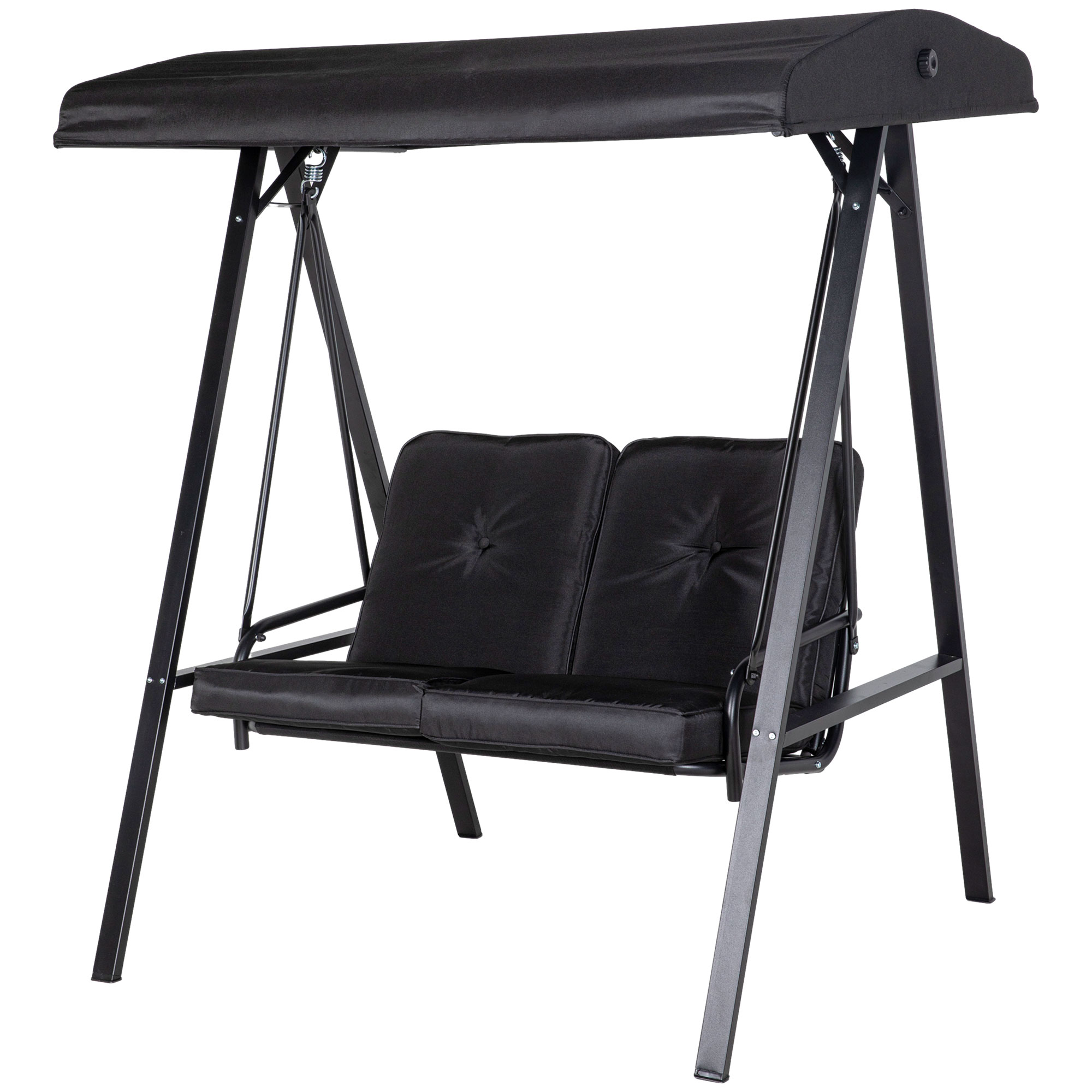 Outsunny Hollywoodschaukel 2-Sitzer Gartenschaukel mit Verstellbarem Dach, Kissen, Schaukelbank bis 220 kg Belastbar, für Garten, Balkon, Schwarz, 145 x 116 x 172 cm Aosom