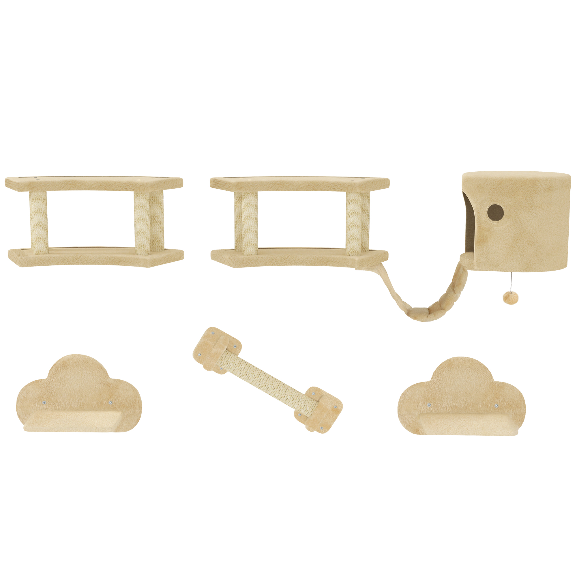 PawHut Katzen Kletterwand Set, 5-teilig Katzenmöbel mit Kratzstamm, Sprungplattformen, Leiter, Haus, Katzen-Wandgerüst, für Katzen bis 5 kg, Plüsch, Beige   Aosom