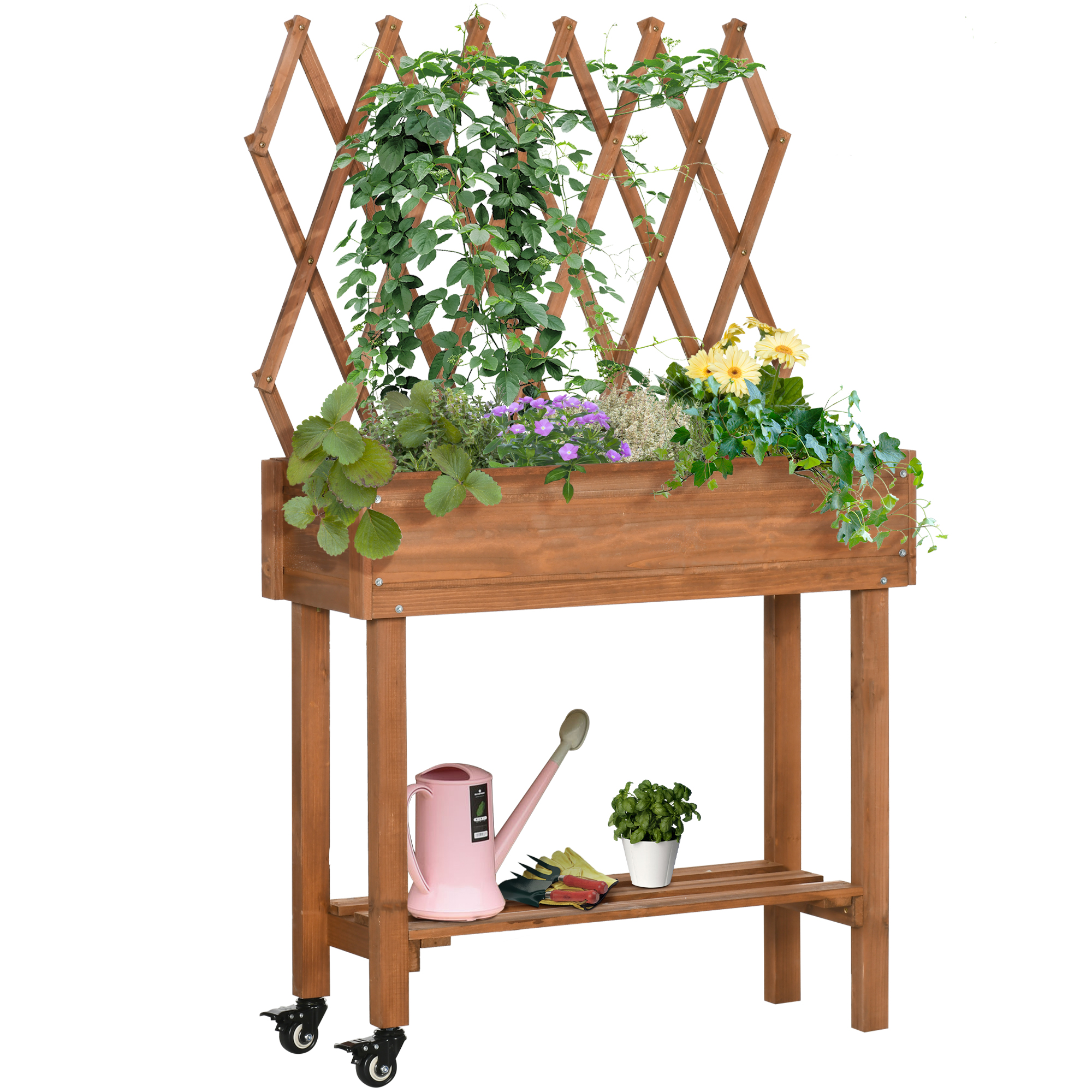 Outsunny Hochbeet mit Rankgitter Blumenkasten auf Rollen mit Ablage aus massivem Holz für Terrasse und Garten in Braun 79x29x130cm   Aosom.de