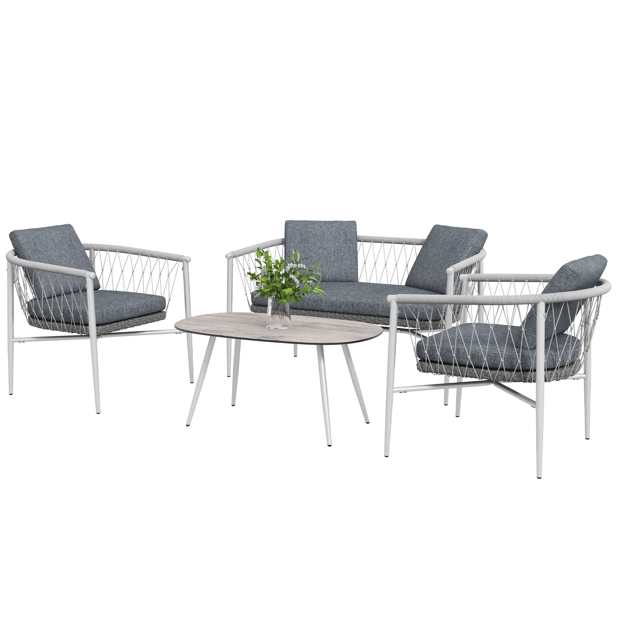 Outsunny 4 tlg Rattan Gartenmöbel-Set mit 1 Couchtisch 2 Sesseln und 1 Doppelsofa Sitzgruppe mit Schaukelfunktion Grau für Garten und Terrasse Aosom.de