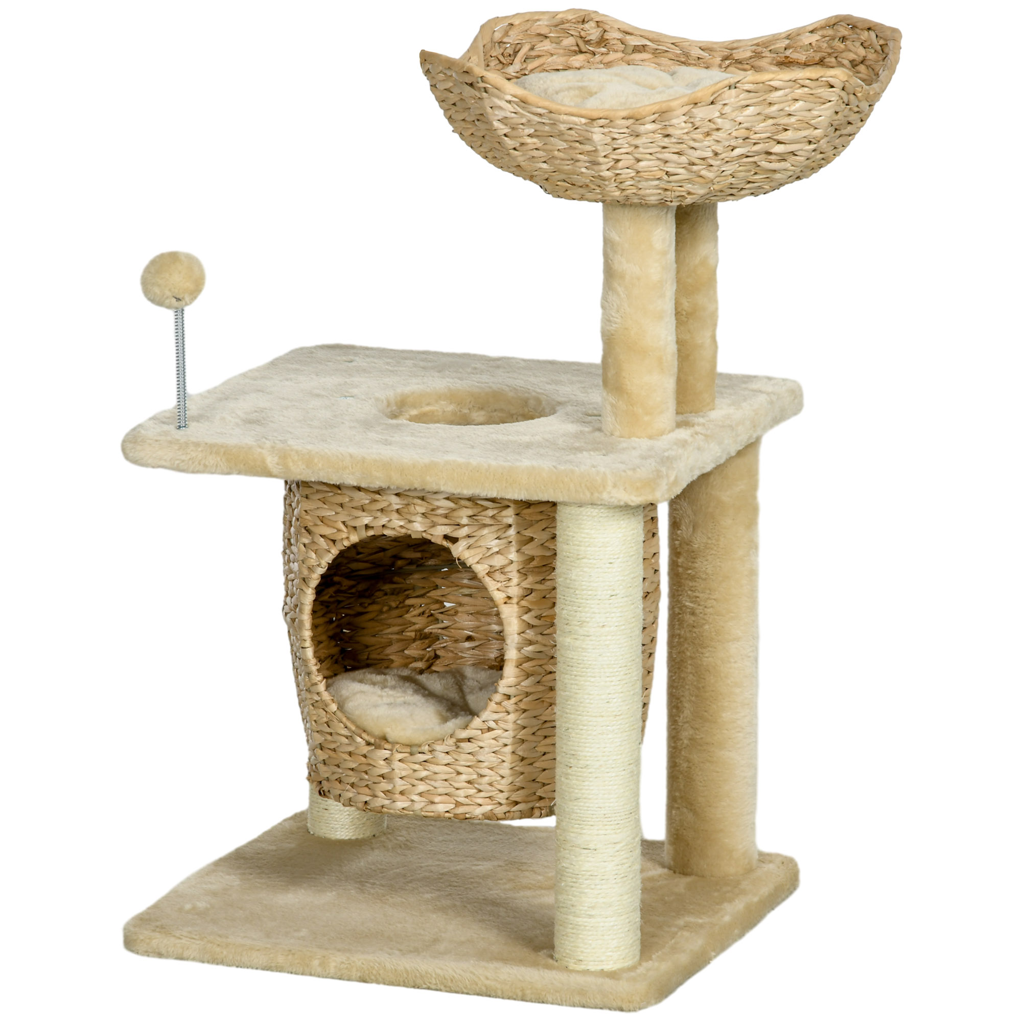 PawHut Katzen Kratzbaum Klein, 74 cm Katzenbaum mit Katzenhöhle, Spielball, Indoor Kletterturm mit Bett, Kratzmöbel für Katzen bis 5 kg, Beige Aosom