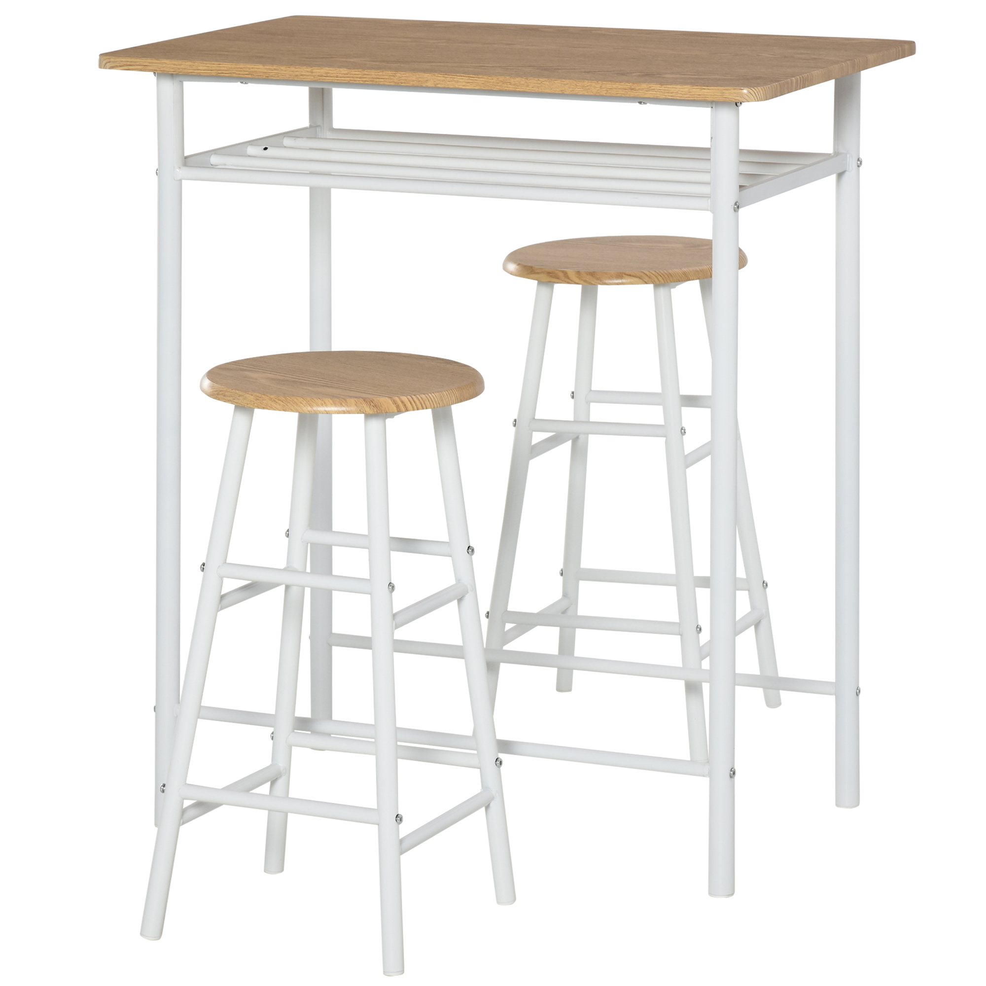 HOMCOM Bartisch Set 3-teilig Esstisch mit 2 Barhocker Essgruppe Küchentisch und Stühle Stehtisch und Barhocker mit Lagerregal MDF-Platte Stahl Weiß+Eiche 80 x 50 x 90 cm   Aosom