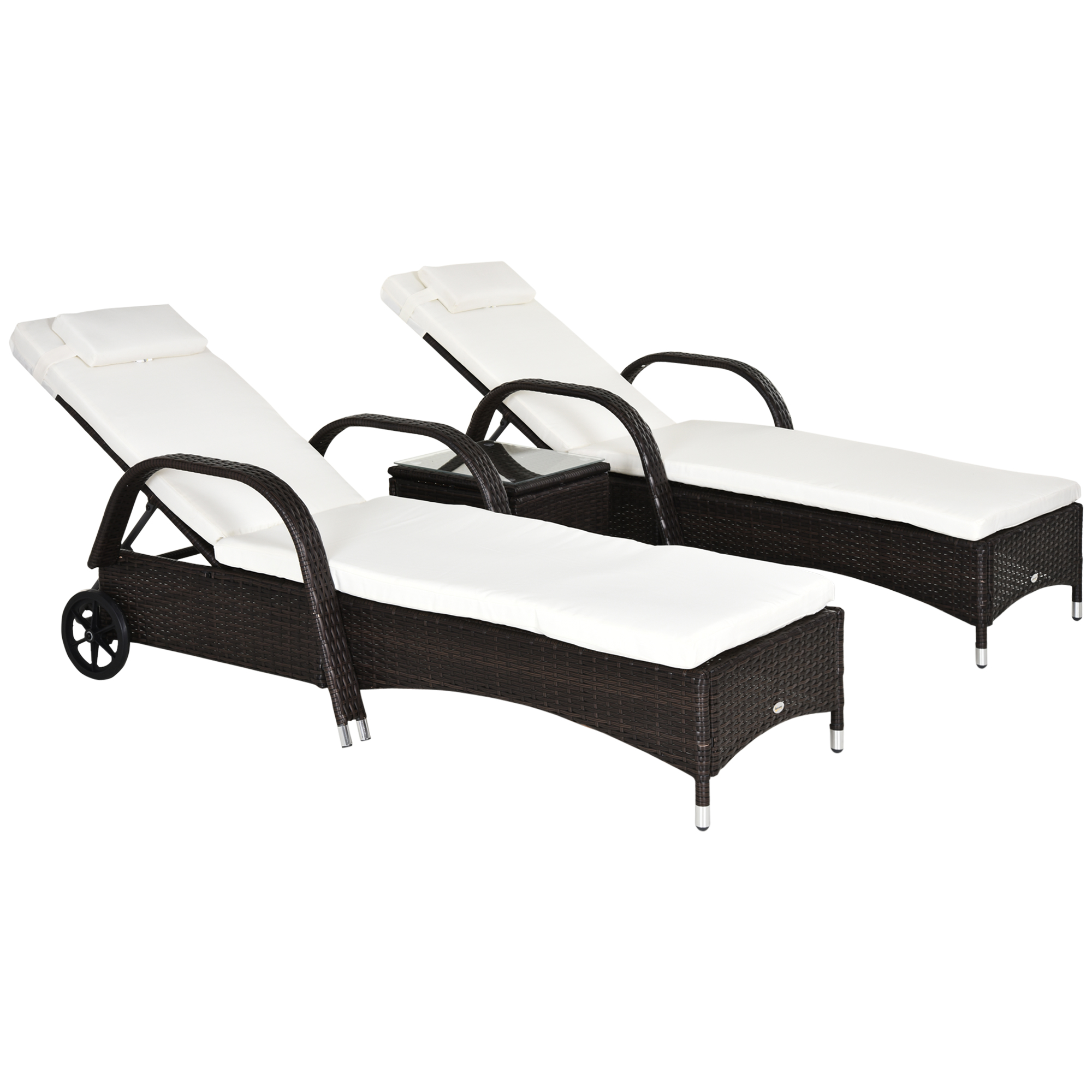 Outsunny Sonnenliege Gartenliege Tisch 3er-Set Gartenmöbel, Polyrattan+Metall Braun+Cremeweiß Aosom