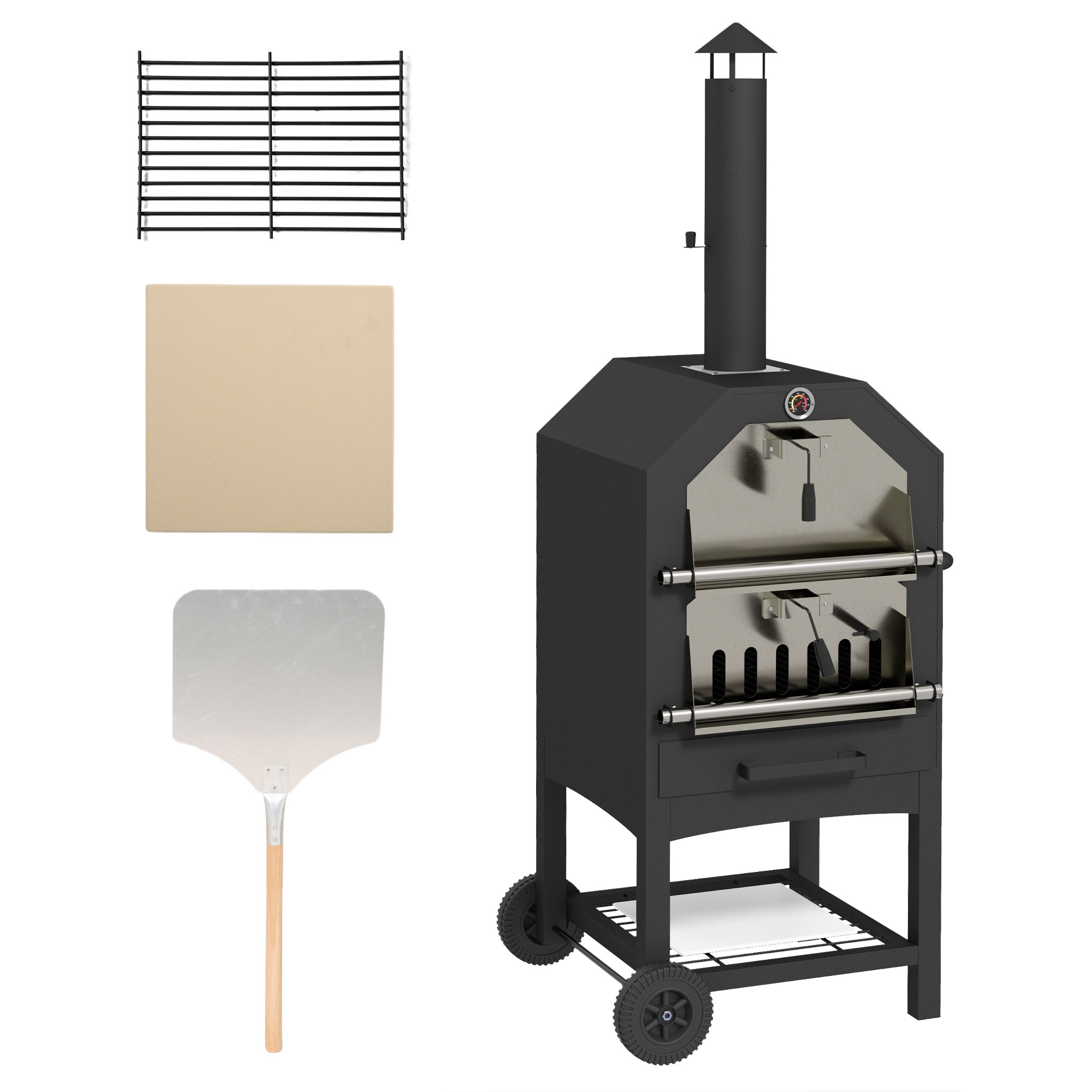 Outsunny 2-in-1 Pizzaofen Outdoor Grillofen mit Pizzastein und Aschefach, 2 Grillroste, Holzbackofen mit Rollen und Thermometer für Garten Schwarz   Aosom.de