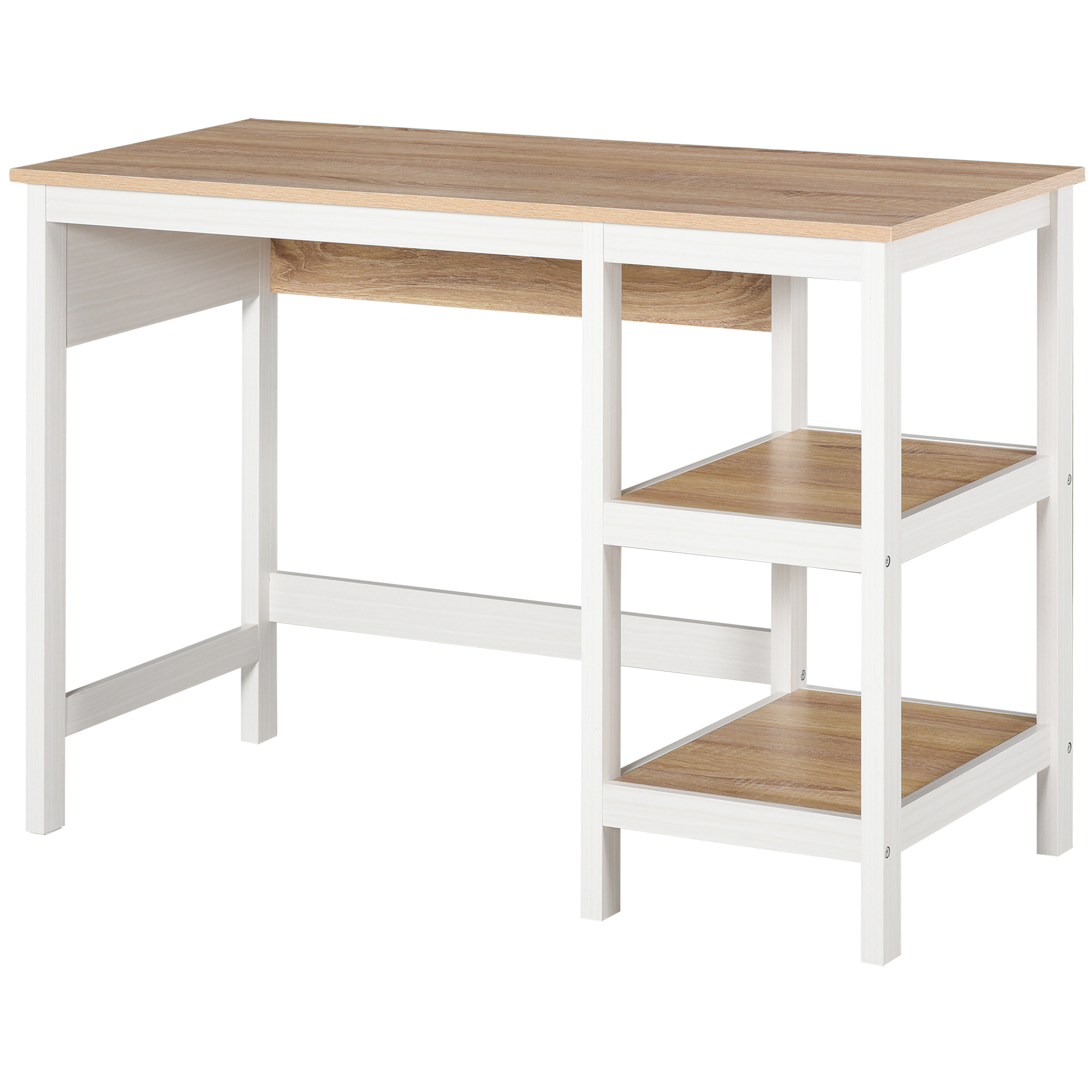 HOMCOM Schreibtisch mit 2 Ebenen Regal, Computertisch, Bürotisch, MDF, Natur+Weiß, 110 x 48 x 76,2 cm   Aosom