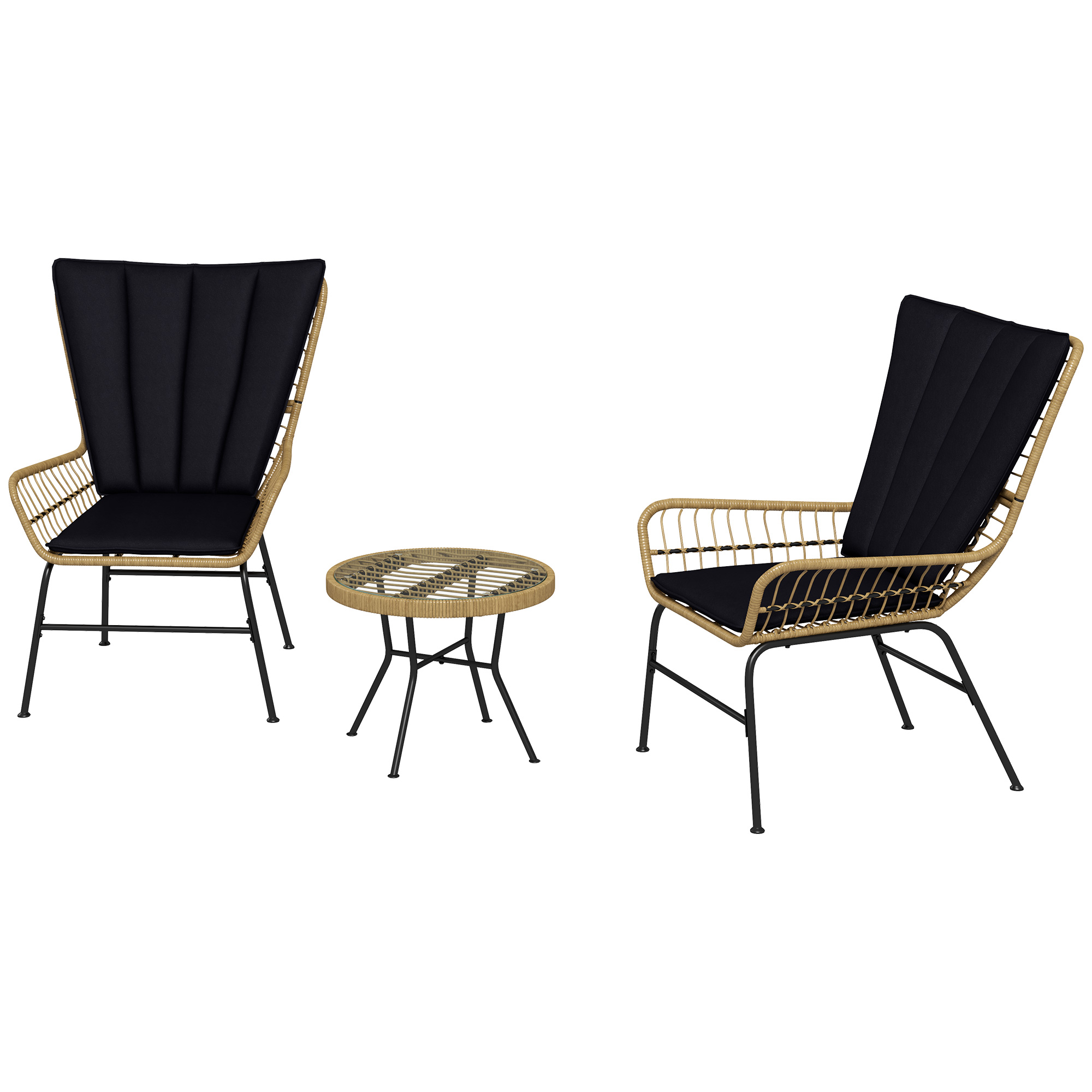 Outsunny 3-teilige Rattan-Sitzgruppe Gartengarnitur Gartenmöbel-Set mit 2 Stühlen & Beistelltisch Hartglasplatte und Kissen Aosom.de