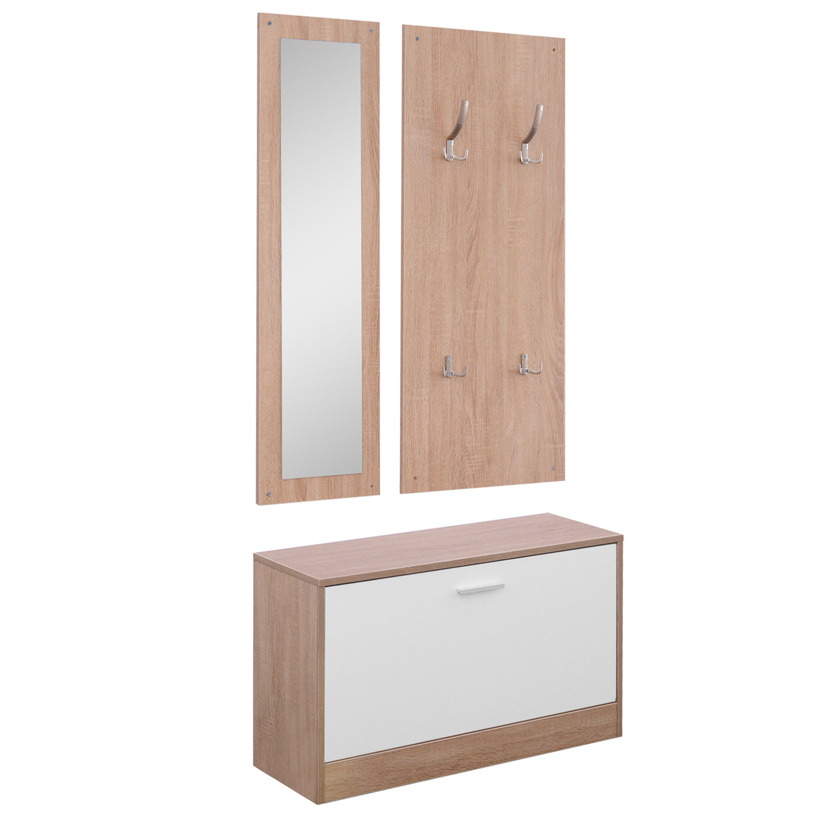 HOMCOM 3-teiliges Garderoben-Set Flurgaderobe mit Schuhschrank Garderobe Wandspiegel 4 Haken Natur 30 x 100 cm (Spiegel)   Aosom