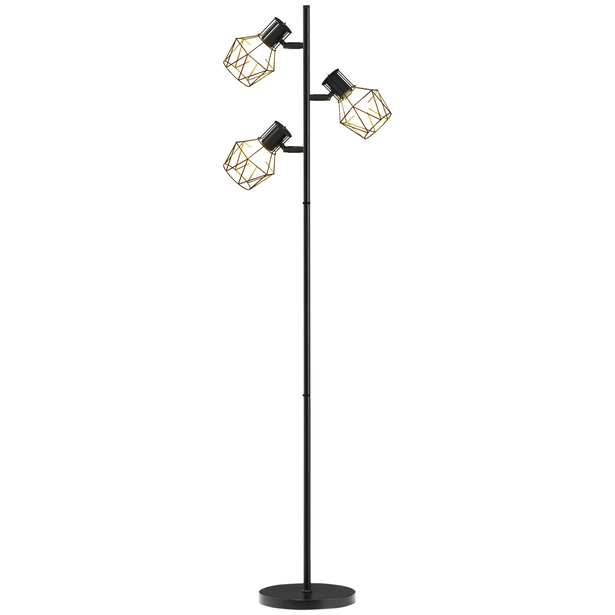HOMCOM Stehleuchte, Stehlampe mit 3 E27 Fassungen, 40 W Standlampe mit 3 Verstellbar Flammen, für Wohnzimmer, Höhe 169 cm, Metall, exkl. Glühbirne, Schwarz   Aosom