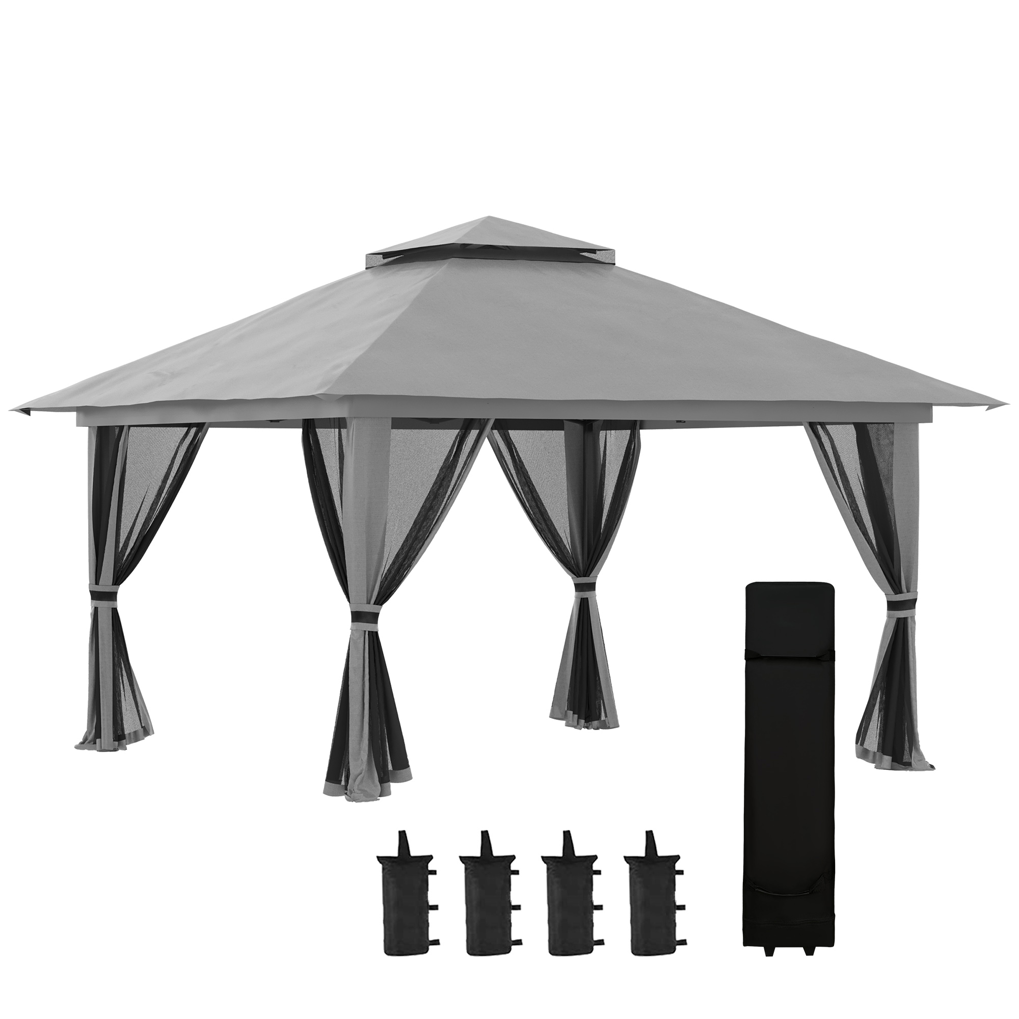 Outsunny Pavillon 4x4m Stabil Winterfest Pop-up Gartenpavillon mit Doppeldach, UV Schutz 50+ Partyzelt Gartenzelt mit 4 Seitenteilen Tasche Sandsäcke für Camping Garten Festival, Dunkelgrau   Aosom