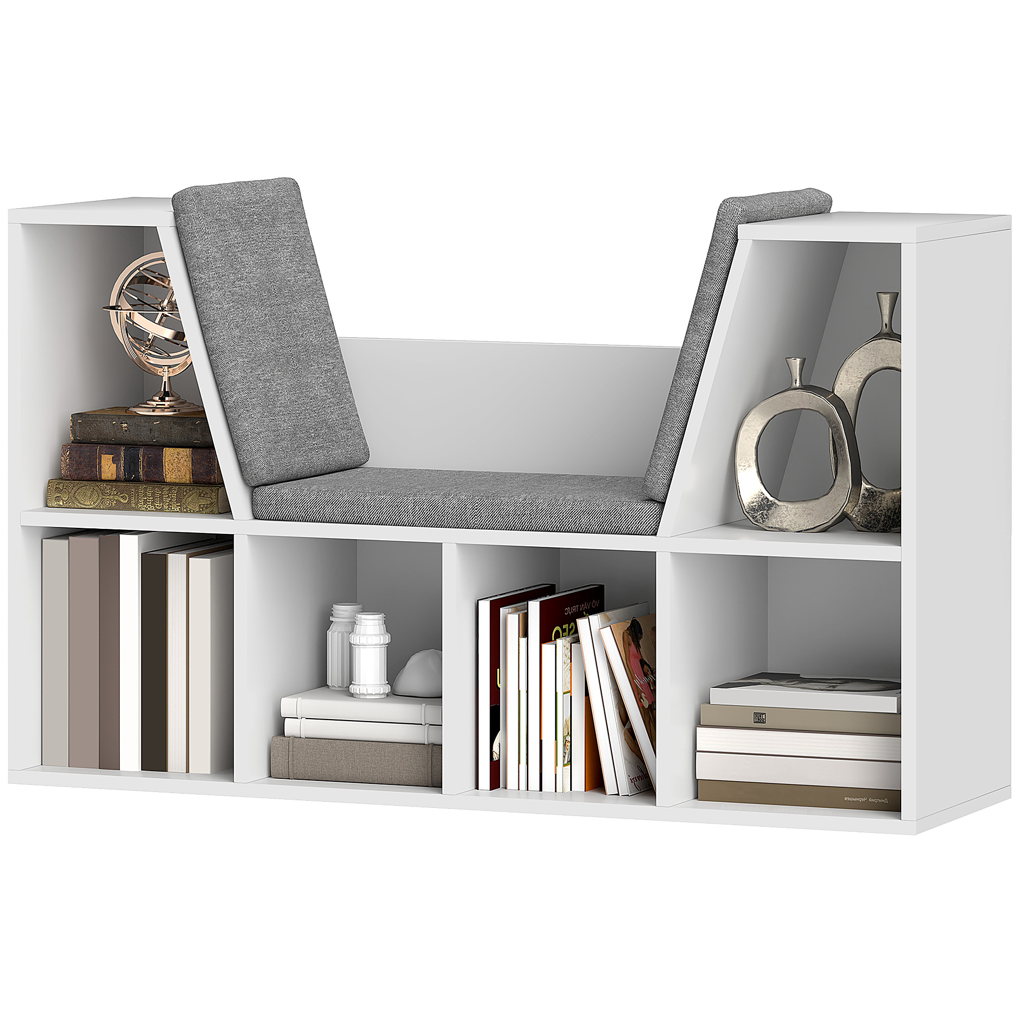 HOMCOM Bücherregal mit Sitzkissen, Aufbewahrungsregal mit 6 Fächern, Leinenoptik, Kleiner Bücherschrank für Wohnzimmer, Schlafzimmer, 105 x 30 x 63 cm, Weiß   Aosom