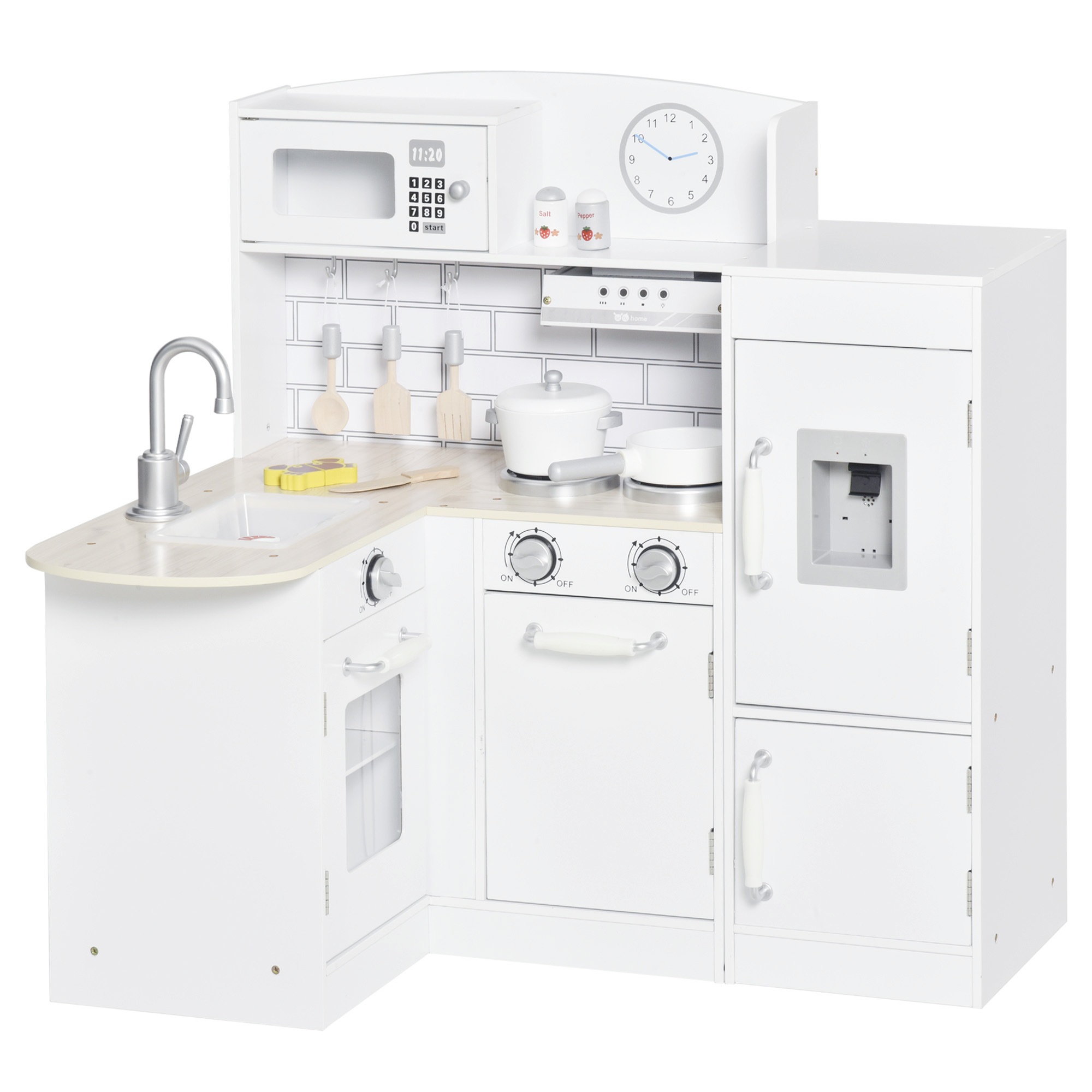 HOMCOM Kinderküche Spielküche mit elektronischem Wasserspender, Mikrowelle und Kühlschrank, Puppenküche mit Backofen, Kochgeschirrset, Küchenzubehör für Kinder ab 3 Jahren, Weiß   Aosom