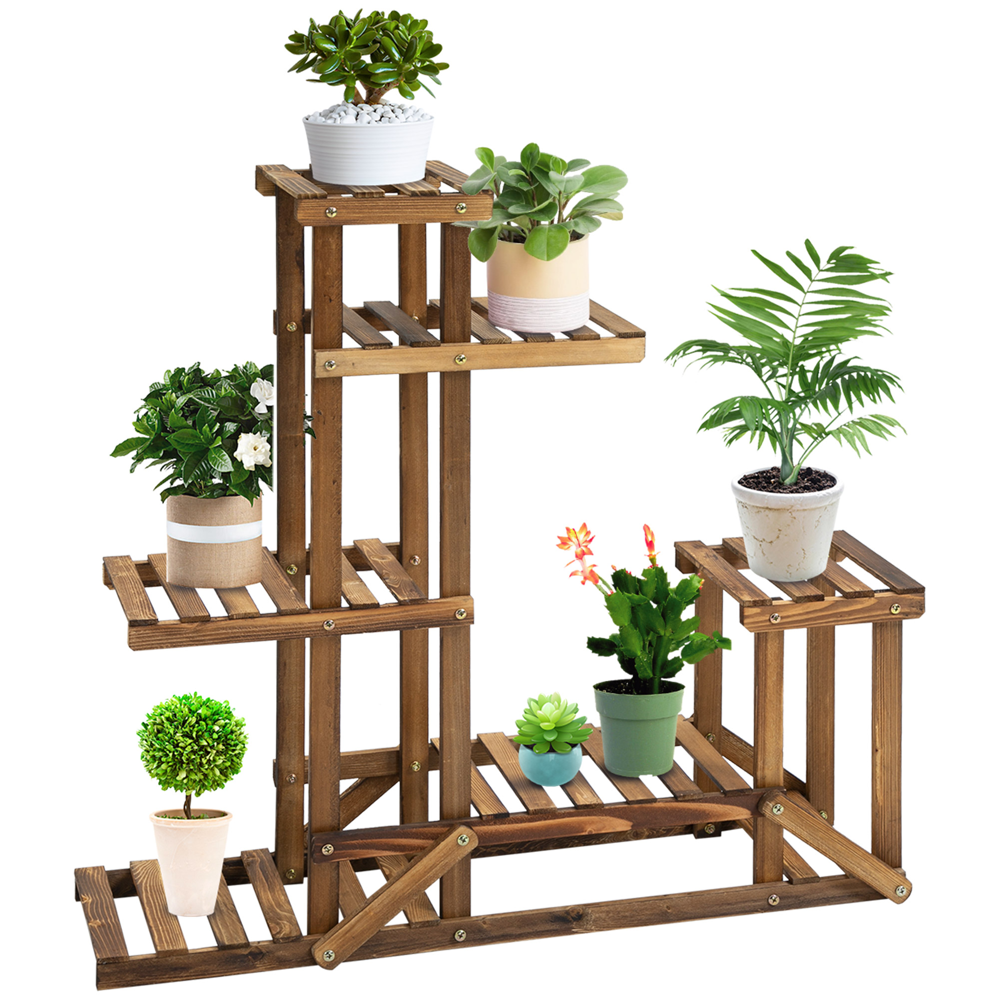 Outsunny Pflanzenregal  Massivholz Blumenständer mit 6 Ebenen, Verkohlt, 98x28x96,5cm, für Garten & Balkon  Aosom