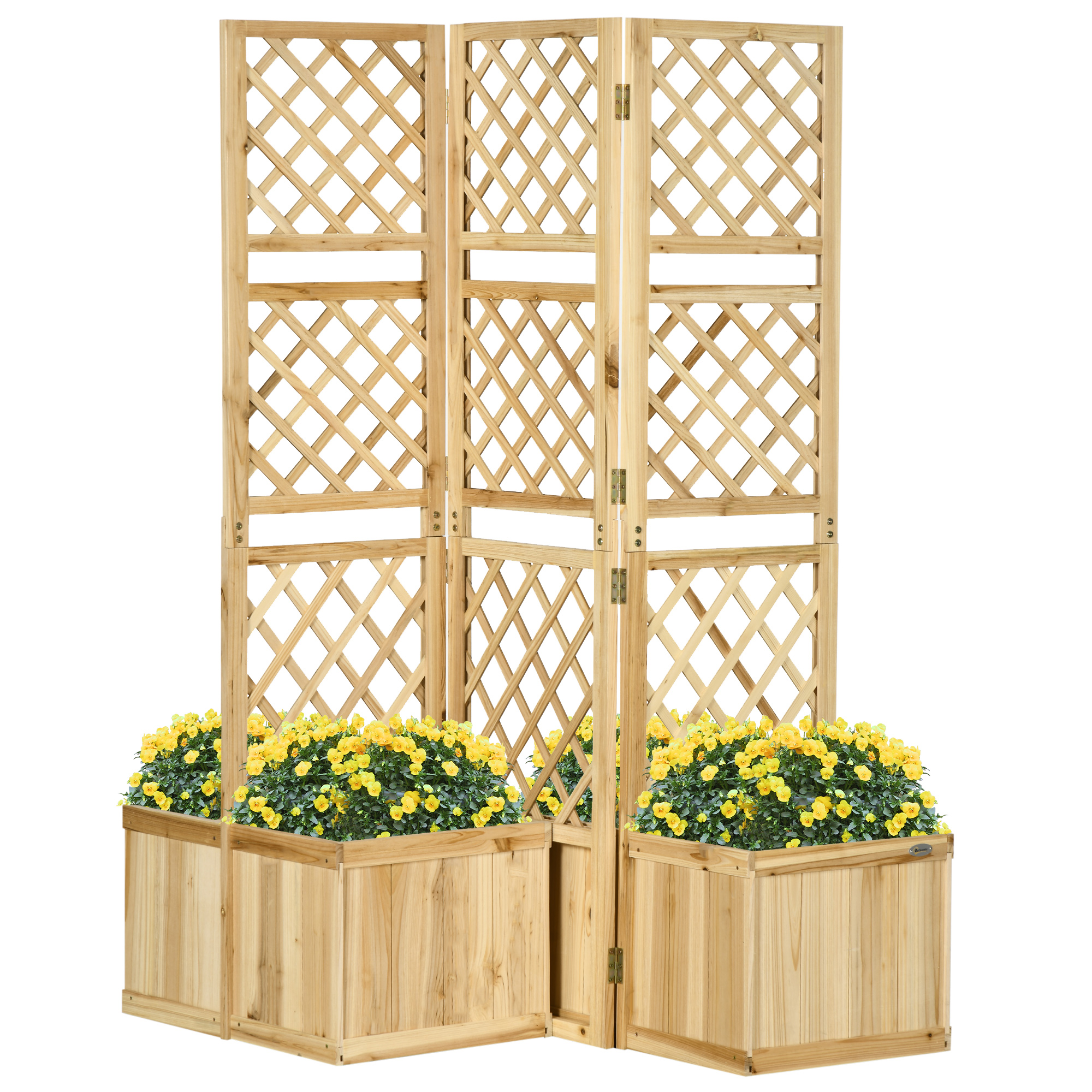 Outsunny Paravent Balkon wetterfest, 133 x 165 cm, 3tlg, Raumteiler mit 4 Blumenkästen, für Garten, Terrasse und Poolbereich, Naturfarbe Aosom