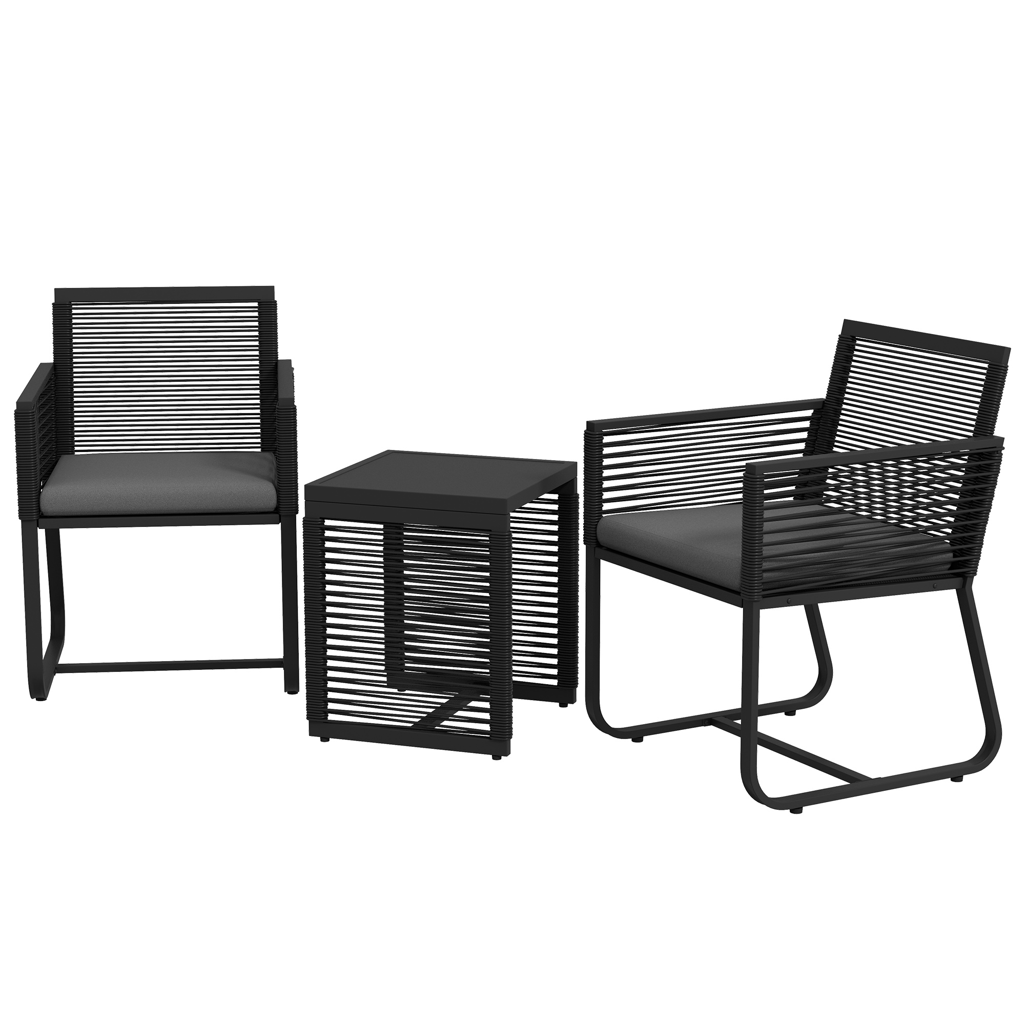 Outsunny 3-teiliges Rattan Gartenmöbel-Set elegante Sitzgruppe mit 2 Gartenstühlen & Beistelltisch aus Hartglas mit Kissen für Balkon Schwarz   Aosom.de