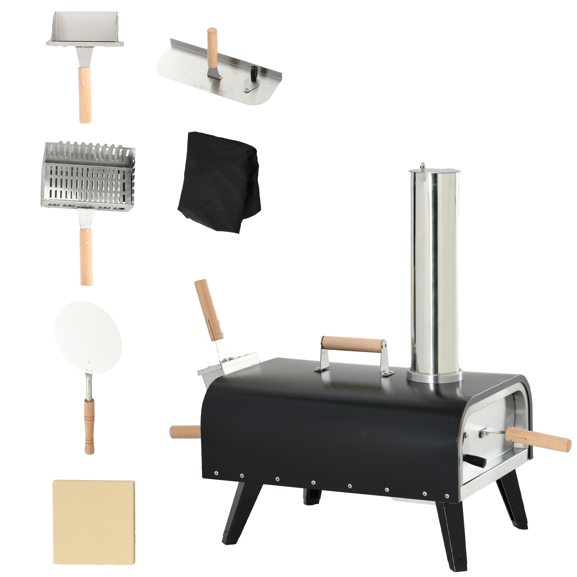Outsunny 2-in-1 Pizzaofen Holzbackofen mit Pizzastein, Pizzaschaufel, Pizzaschieber, klappbar, aus Stahl, schwarz für Outdoor BBQ   Aosom.de