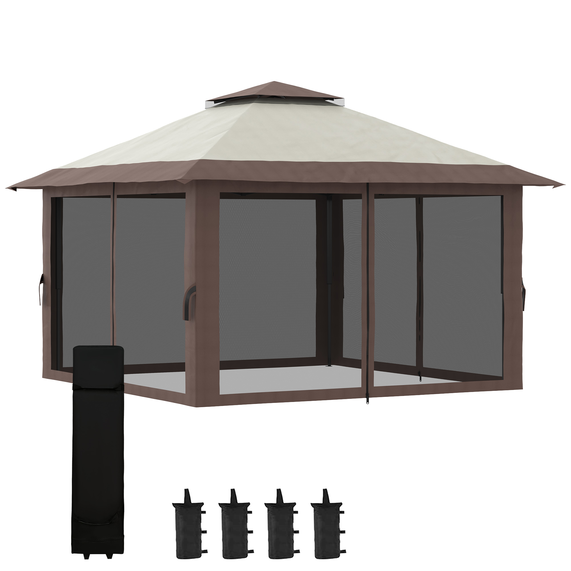 Outsunny Pavillon 4x4m Stabil Winterfest Pop-up Gartenpavillon mit Doppeldach, UV Schutz 50+ Partyzelt Gartenzelt mit 4 Seitenteilen Tasche Sandsäcke für Camping Garten Festival, Beige Aosom