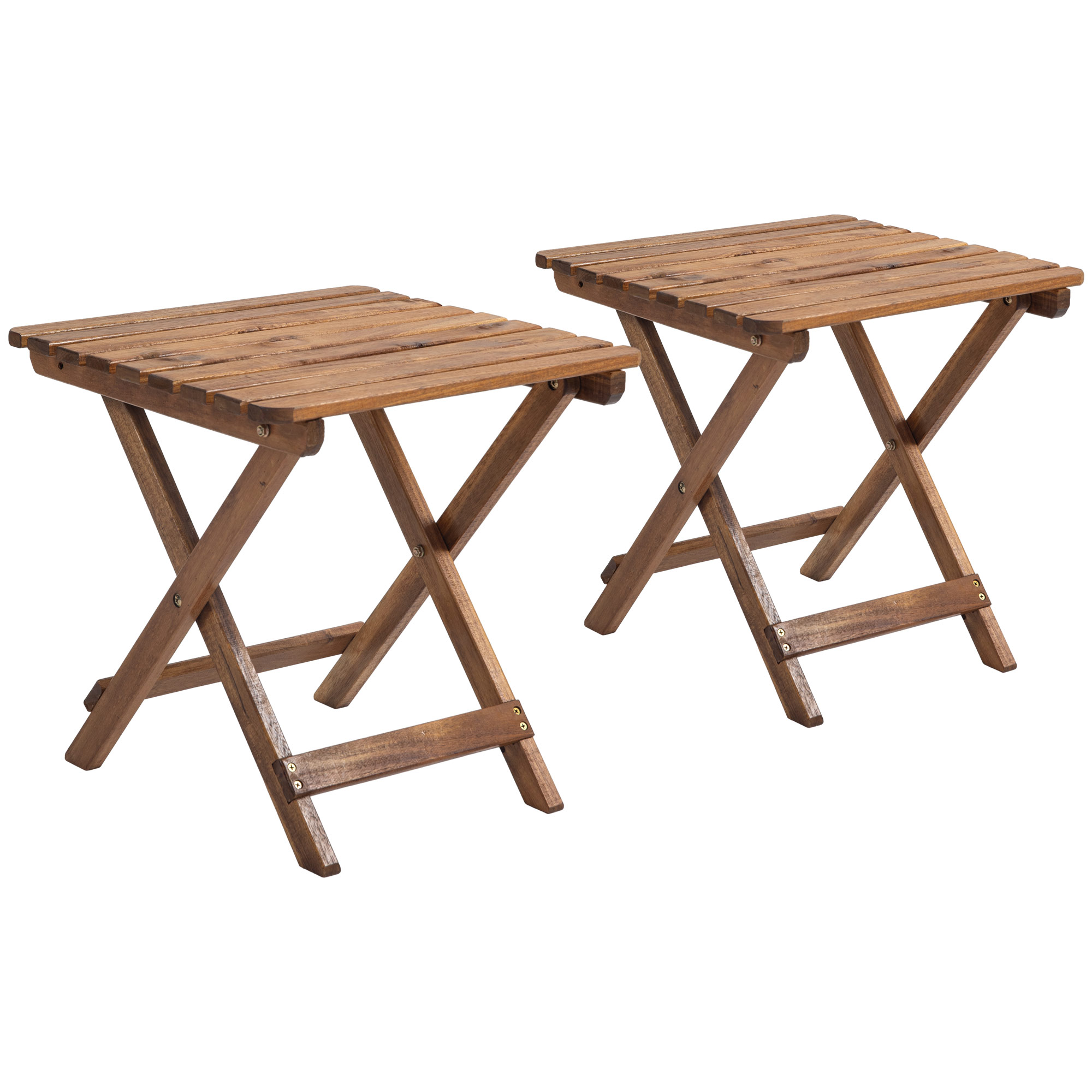 Outsunny Beistelltisch Outdoor, 2er-Set Gartentisch, Klappbar Campingtisch aus Holz, Klapptisch für Garten, Balkon, Teak, 45 x 45 x 45 cm   Aosom