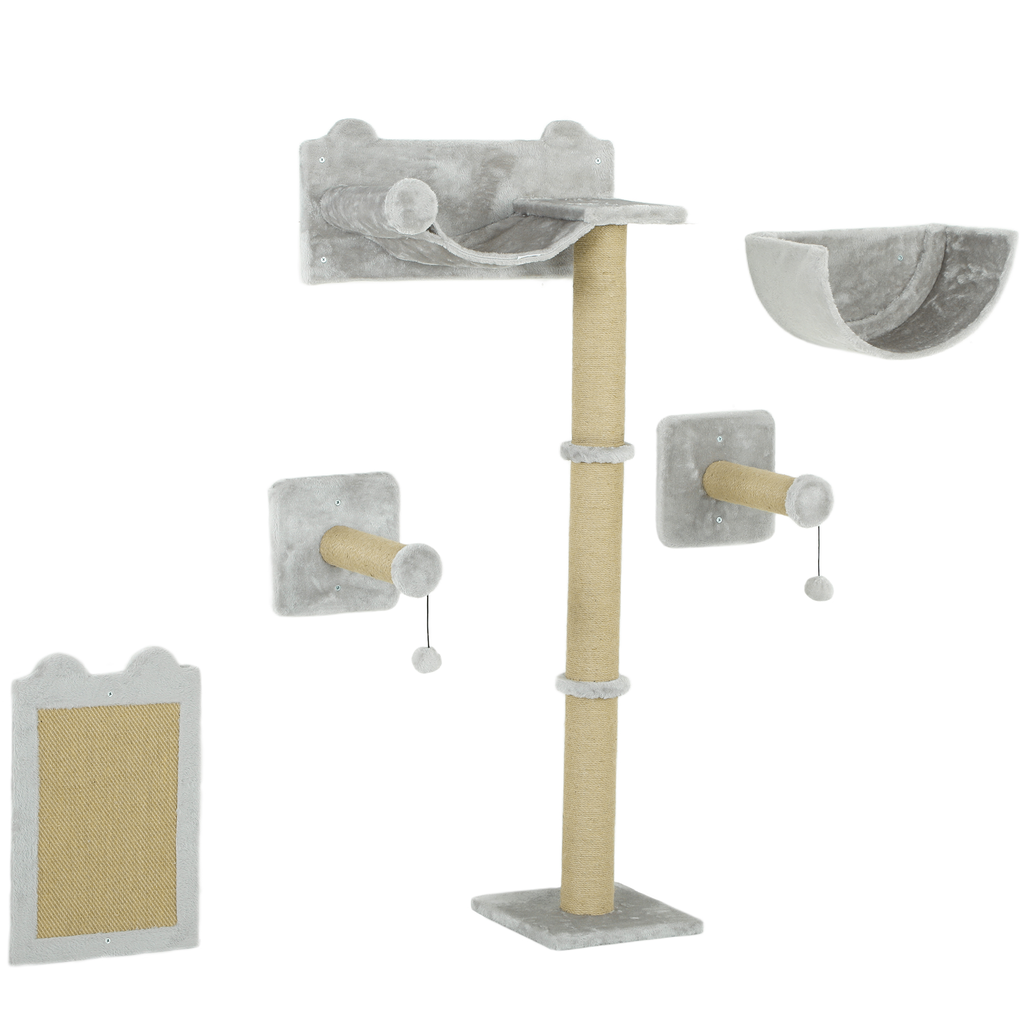 PawHut Katzen Kletterwand 5 tlg. Klettern Katzenkratzbaum mit Kratzpfosten, Hängematte, Sprungplatt, Wandkratzbaum, Wand Katzenmöbel für Katzen bis 5 kg, Polyester, Hellgrau Aosom