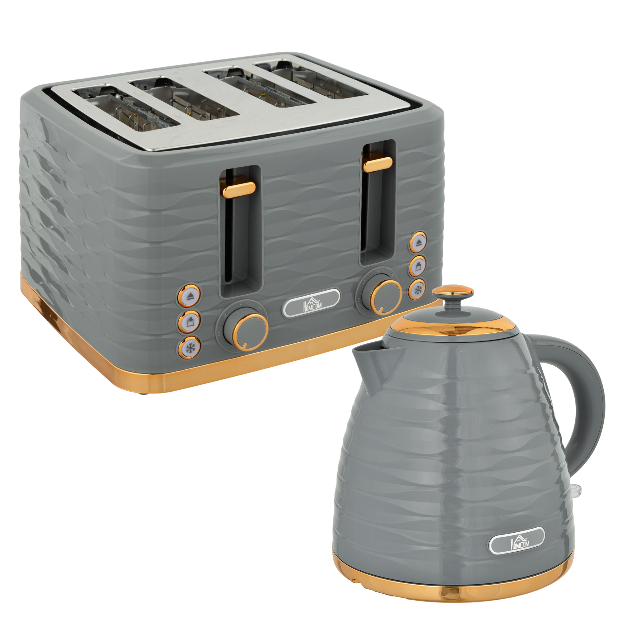 HOMCOM Frühstücksset Wasserkocher & Toaster 1,5L Wasserkocher 4 Scheiben Toaster 3000 W 7 Bräunungsstufen Auftauen & Aufwärmen Grau   Aosom.de