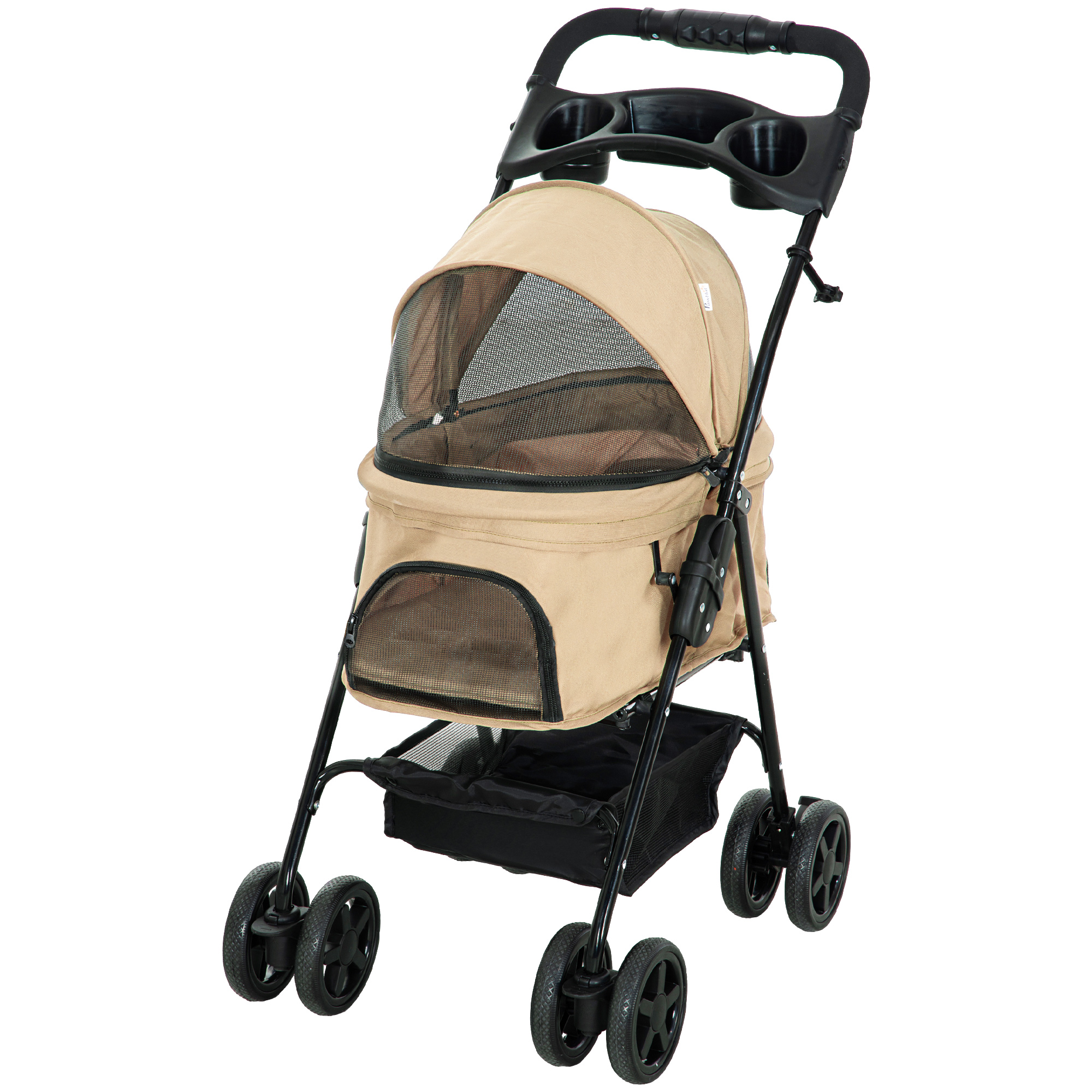 PawHut Hundewagen Hundebuggy Klappfunktion Pet Stroller für kleine Hunde Katzen Haustierwagen Oxford Khaki 67x45x96cm Aosom.de