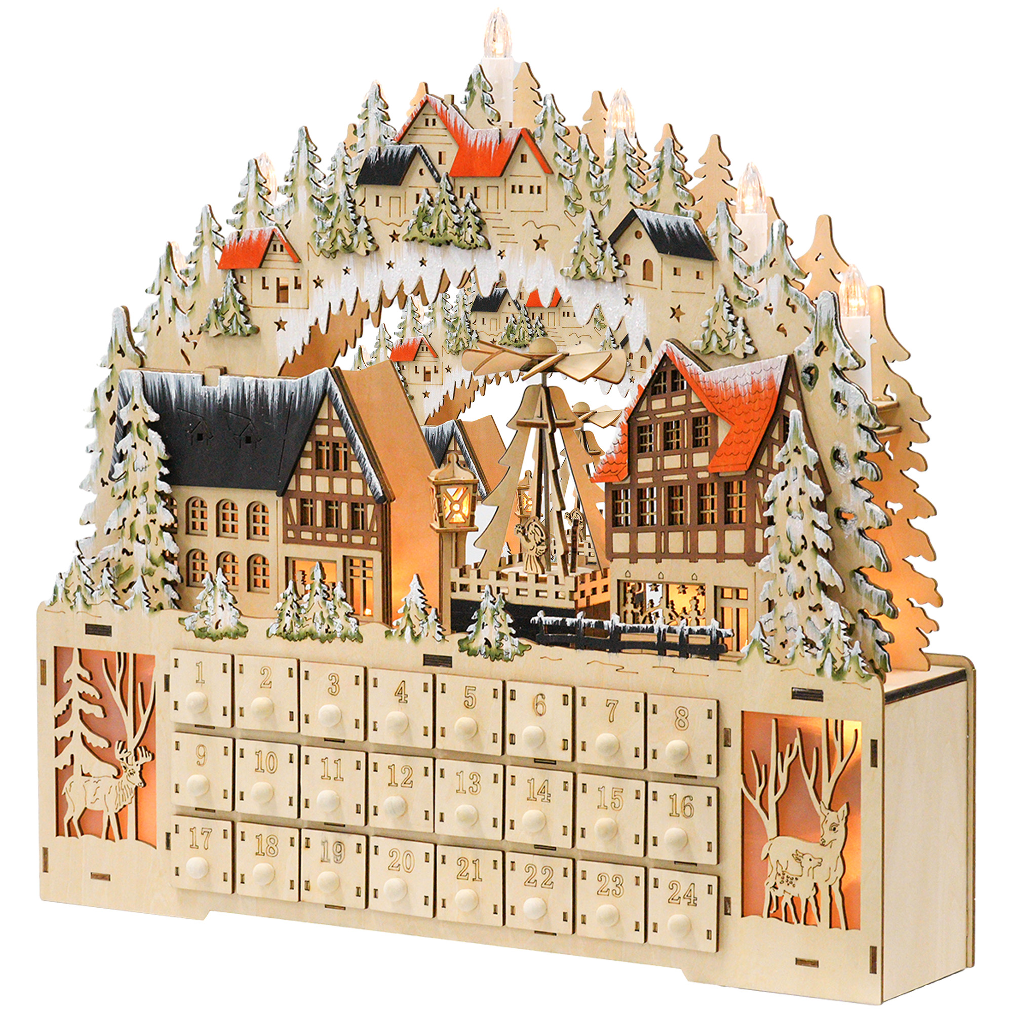HOMCOM Adventskalender zum Befüllen 24 Schubladen Fächer Weihnachtskalender mit LED-Lichtern Adventskalenderbox Weihnachtsdekoration DIY MDF Naturholz 45 x 9 x 42,5 cm Aosom
