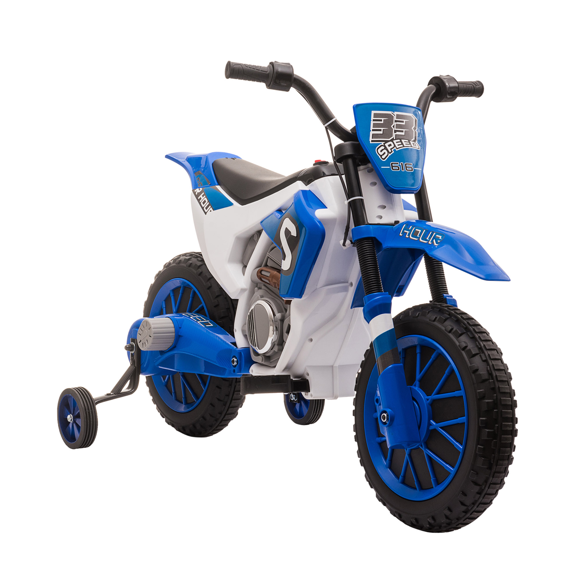 HOMCOM Kinder Elektro-Motorrad  12V, mit 2 abnehmbaren Stützrädern, ab 3 Jahre, PP Metall, Blau+Weiß  Aosom