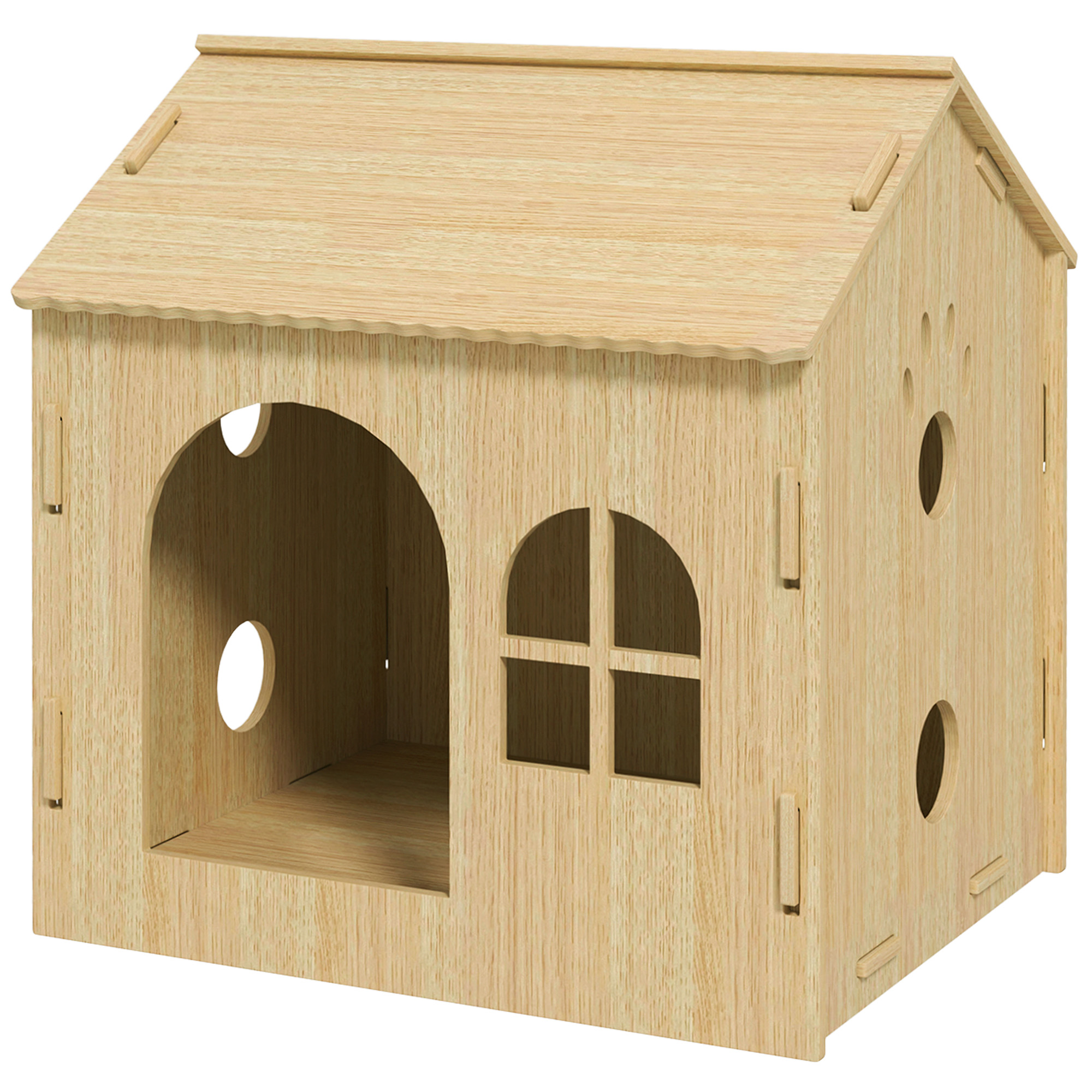 PawHut Hundehütte mit Fenster, Katzenhaus mit niedliches Pfoten-Design, Montage ohne Schrauben, für kleine Hunde unter 4 kg, Indoor, 49,5 x 41 x 51 cm, Eiche Aosom