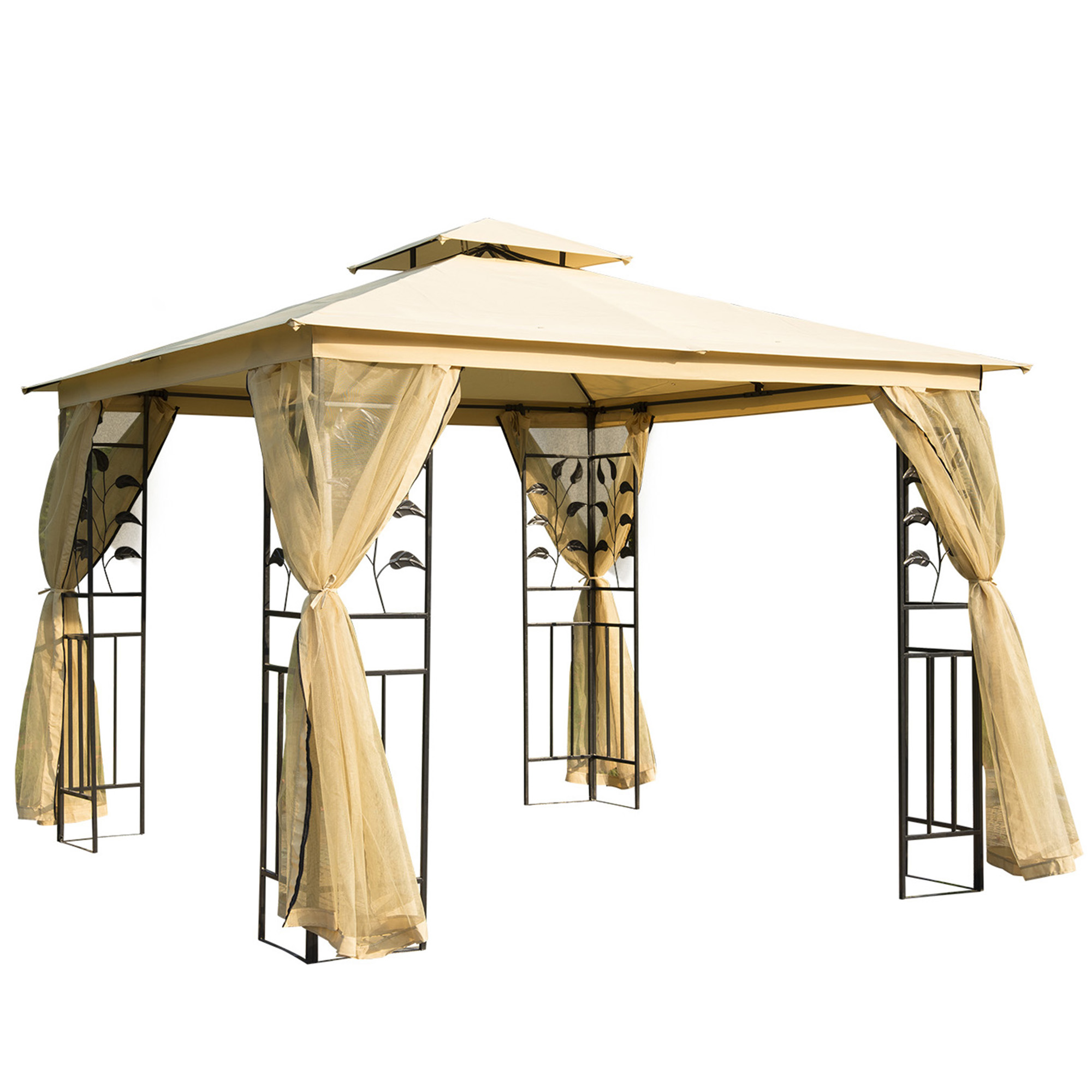 Outsunny Luxus Pavillon 3x3 m Gartenpavillon Partyzelt Festzelt Gartenzelt Pagode Beige   Aosom