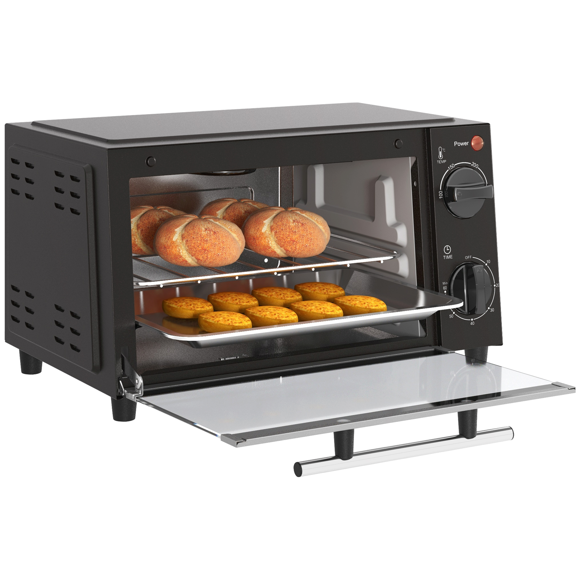 HOMCOM Minibackofen 9L Mini Ofen mit Backblech, Grillrost, 100 °C-230 °C, mit einstellbar Temperatur und Garzeit, 60 Min. Timer, 750W, Edelstahl, Schwarz   Aosom