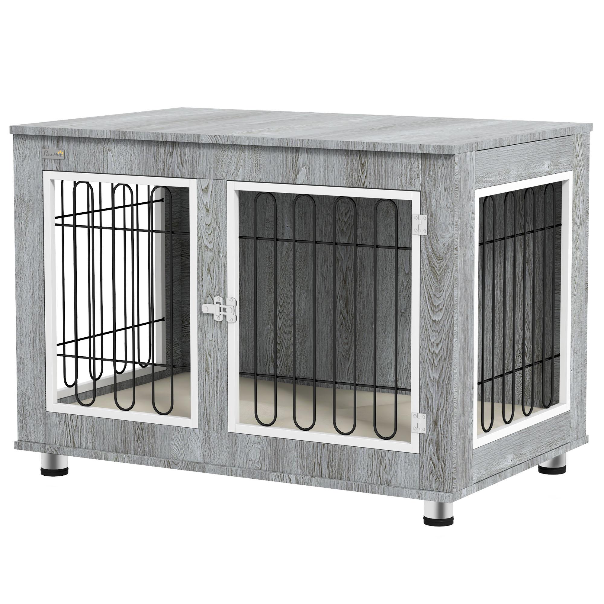 PawHut Hundekäfig, Hundehütte, Haustierkäfig mit Kissen, 2 Verriegelungen für Mittelegroße Hunde, Hundebox mit Doppeltüren, Hundehaus, Grau, 90 x 58 x 65 cm   Aosom