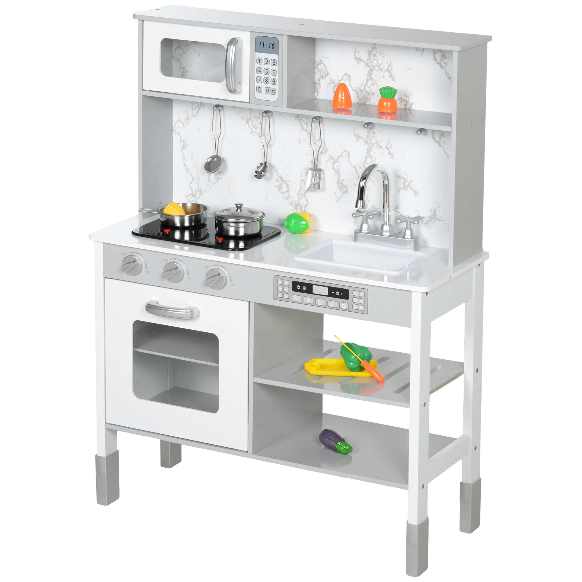 AIYAPLAY Kinderküche Spielküche mit Elektroherd, Mikrowelle, Spüle & Wasserhahn, Höhenverstellbar Puppenküche mit Kochgeschirrset, Rollenspielküchenzubehör für 3-8 Jahre Kinder, Weiß   Aosom
