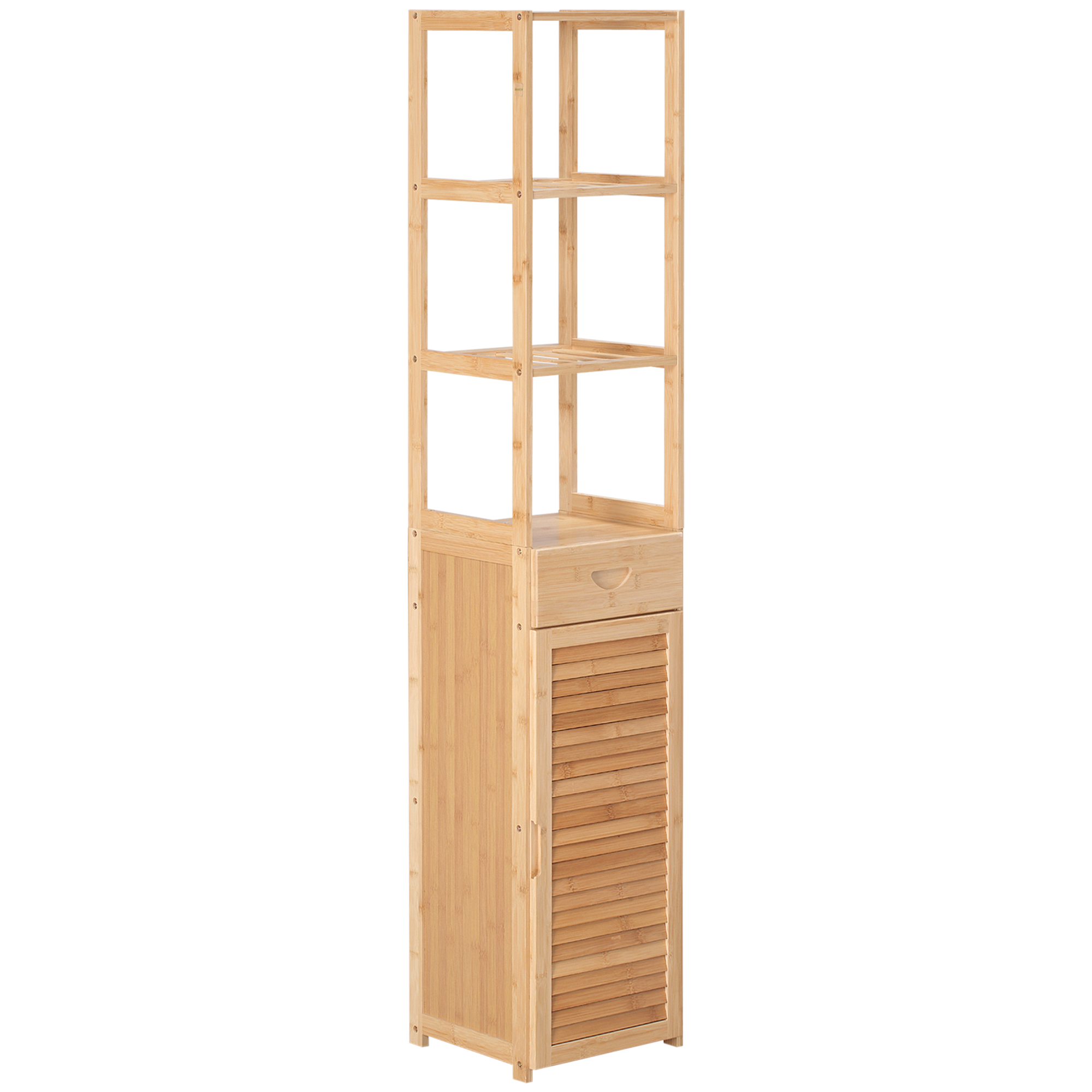 kleankin Badezimmerschrank, Badschrank aus Bambus, Badezimmermöbel mit Schublade, drei Ablagen, offenes Fach, für Badezimmer, 32 x 30 x 163 cm Naturholz Aosom