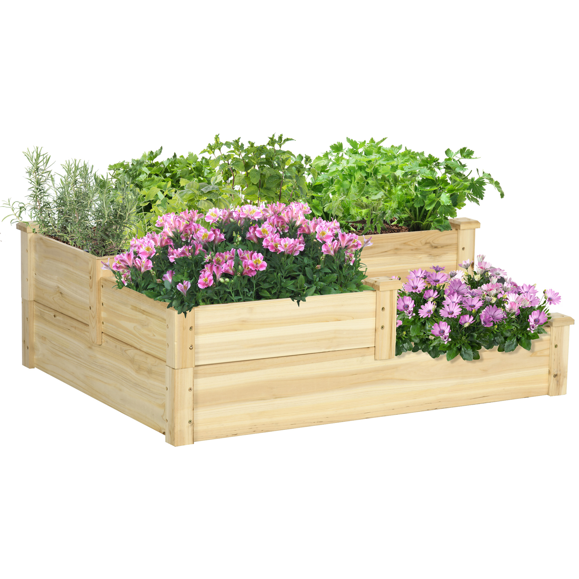 Outsunny Hochbeet 3-stufiges Pflanzenbeet Blumenkasten Kräuterbeet Pflanzentreppe aus Tannenholz in Naturfarbe für Garten & Balkon   Aosom.de
