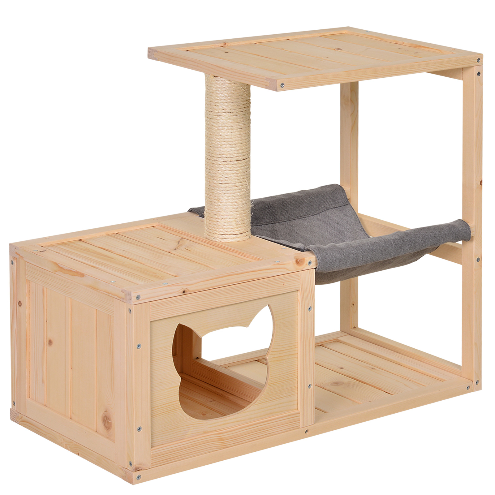 PawHut Katzenhaus mit Hängematte und Sisalstamm, Katzenkiste aus Tannenholz, Natur 70x35x60cm für Katzenliebhaber Aosom.de