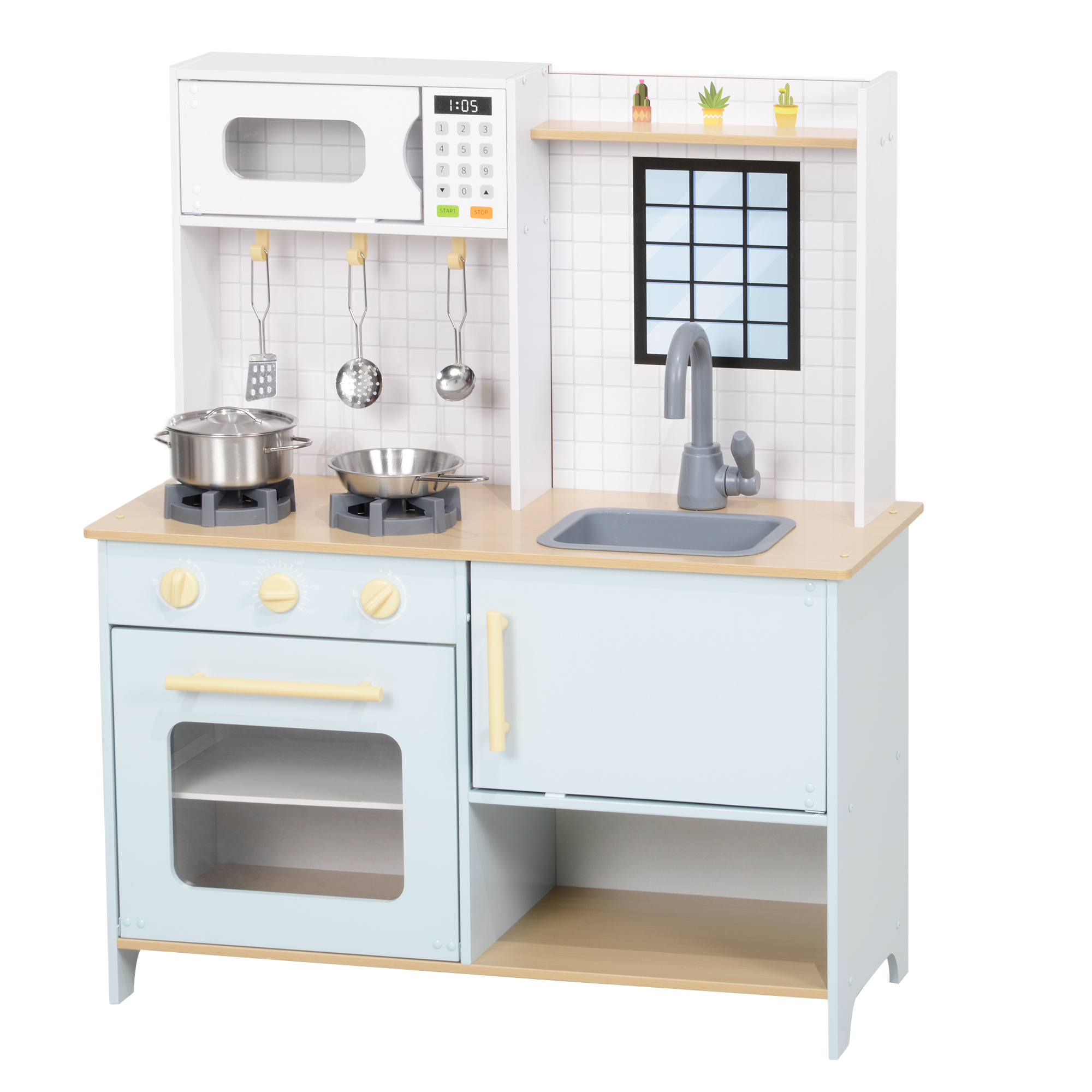 AIYAPLAY Kinderküche Spielküche mit Mikrowelle, Herd, Backofen und Küchenzubehör, Puppenküche mit Stauraum für 3+ Jahre Kinder, Blau   Aosom