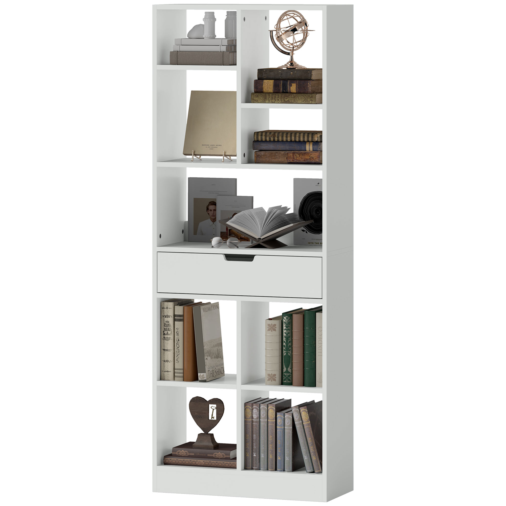 HOMCOM Bücherregal Standregal mit 9 Regalen, 1 Schublade, Aufbewahrungsregal mit Anti-Kippsicherung, Büroregal für Wohnzimmer, Büro, 60 x 26 x 158 cm, Weiß   Aosom