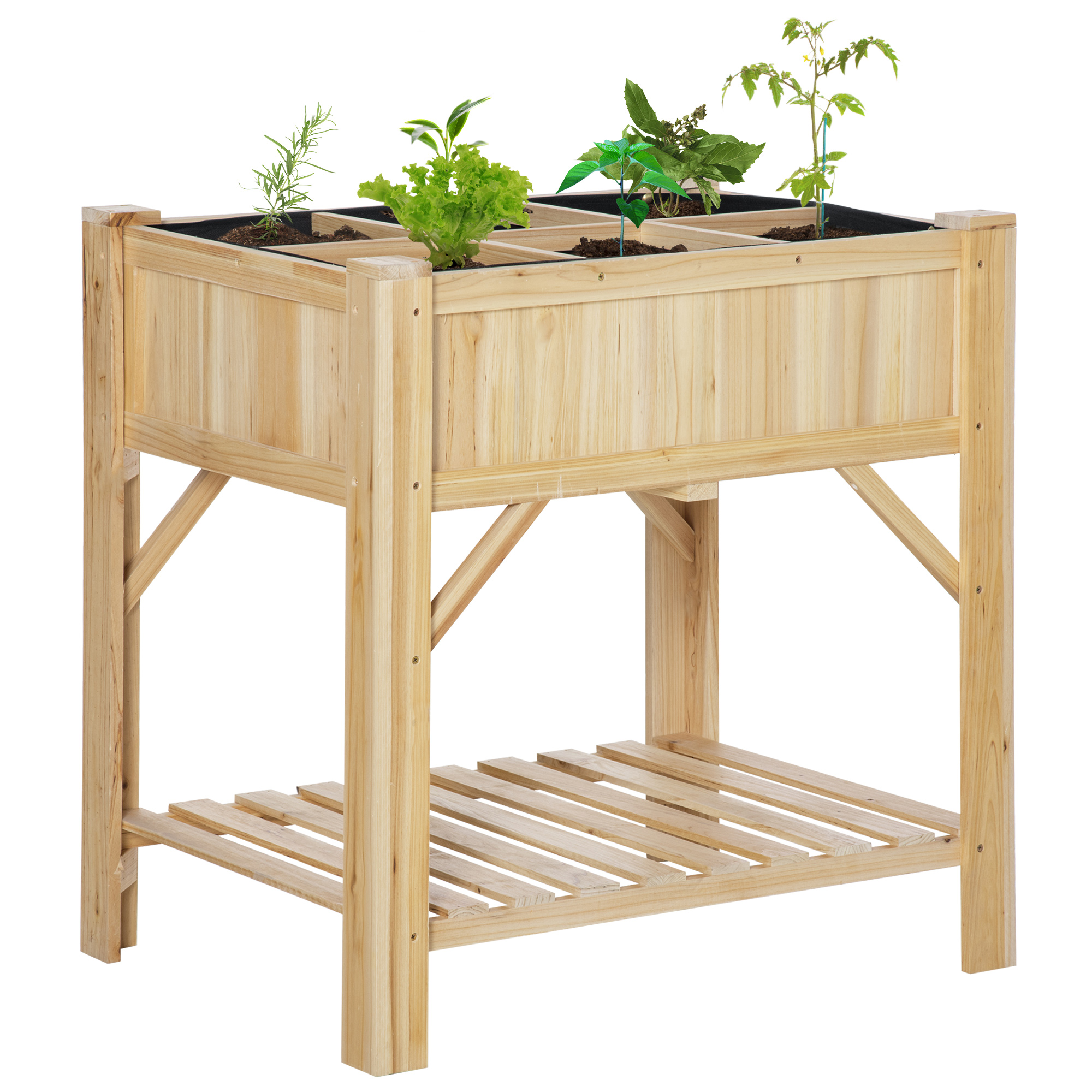 Outsunny Hochbeet Holz mit 6 Anbauflächen, Pflanztisch & Blumenkasten, Vliesstoff, 78,5x58x81cm, Natur für Garten & Balkon   Aosom.de