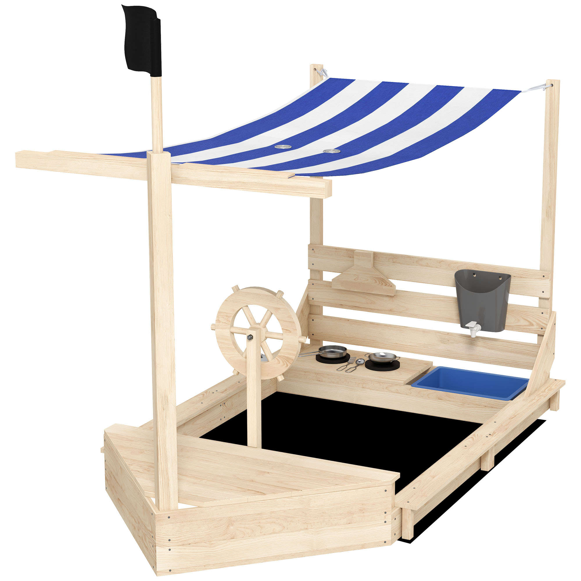 Outsunny Sandkasten groß mit Abdeckung Schiff Design 180x103x144,5cm aus Holz, inkl. Küchenspielset für Kinder 3-7 Jahre   Aosom.de