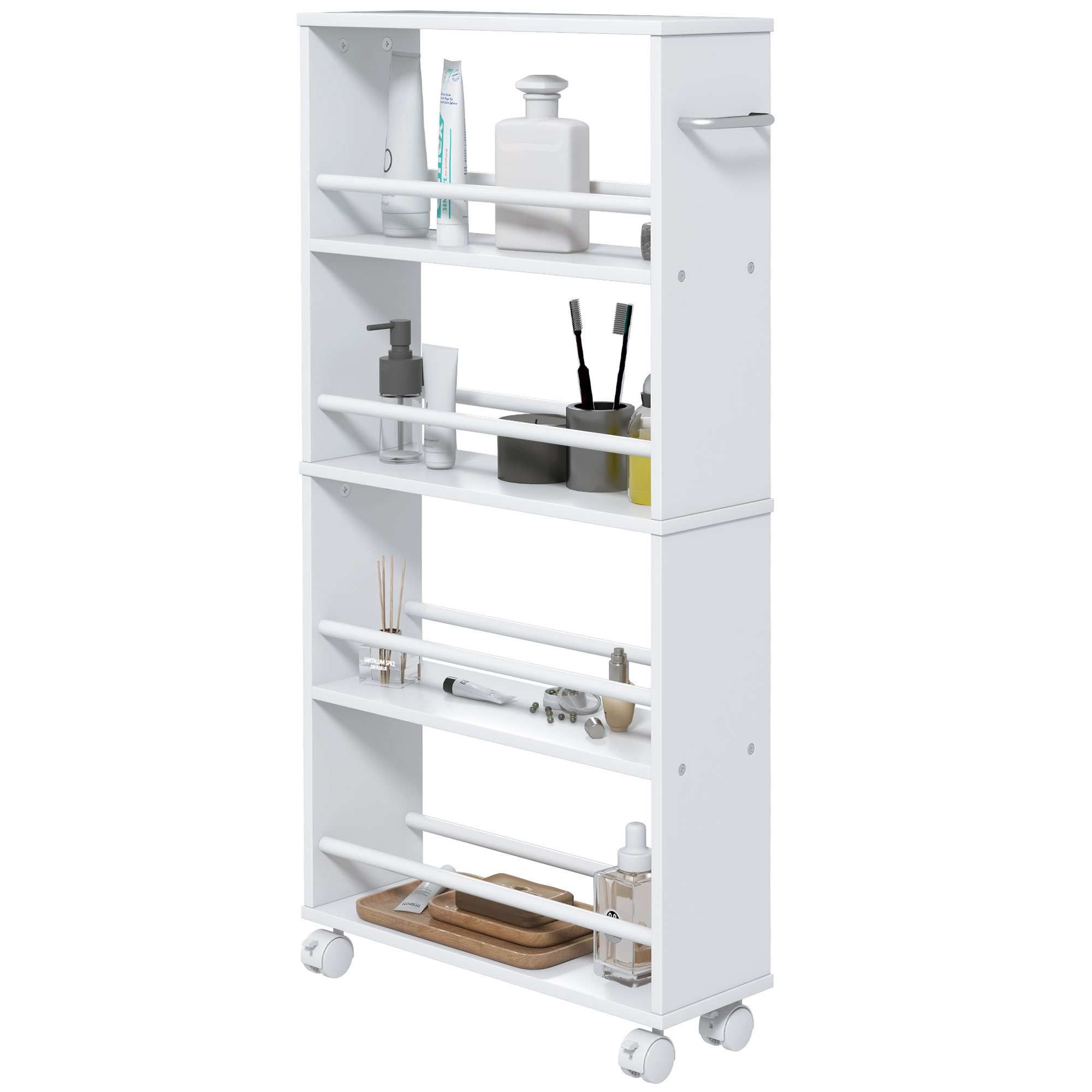 HOMCOM Rollwagen, Schmaler Servierwagen mit 4 Etagen, Griffe, Aufbewahrungswagen für Küche, Wohnzimmer, Weiß, 45 x 15 x 91 cm Aosom