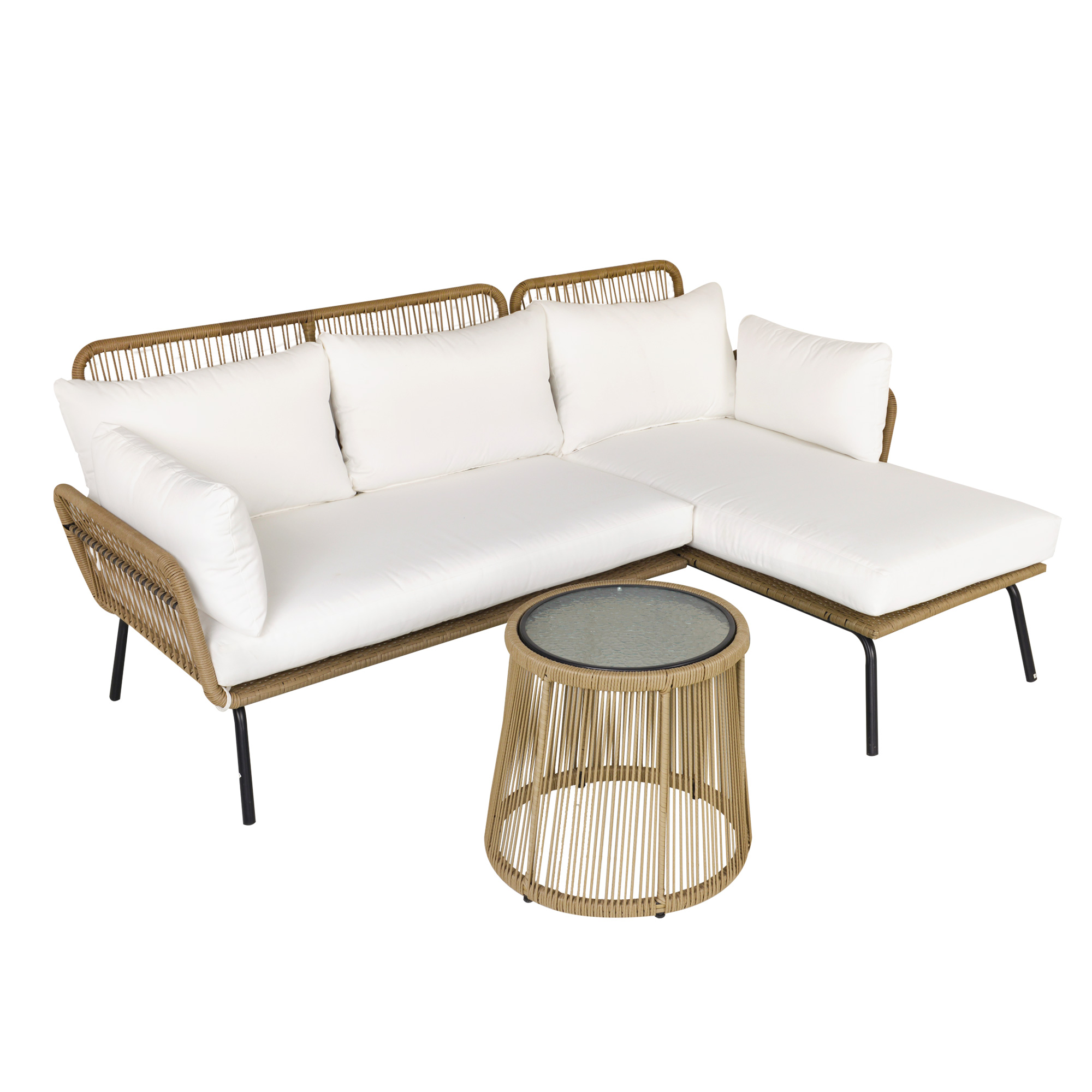Outsunny 3-teiliges Rattan Gartenmöbel Set, 2-Sitzer Sofa mit Chaise Longue und Beistelltisch, Beige und Kaffee, ideal für Garten & Terrasse Aosom.de