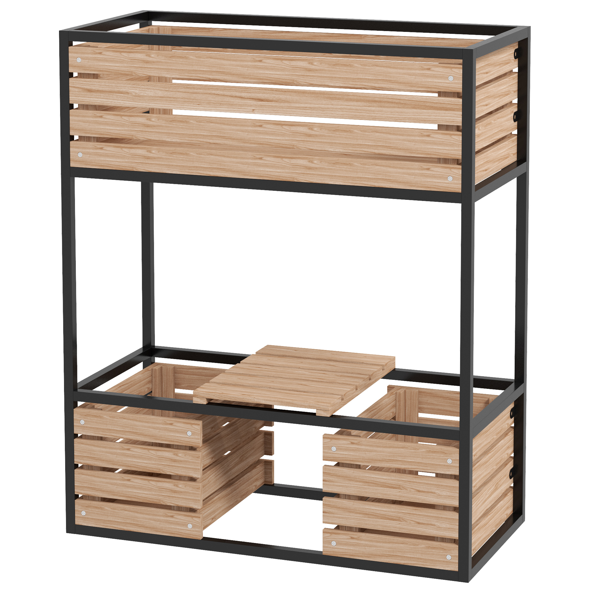 Outsunny Hochbeet aus Holz 2-stufiger Blumenkasten mit Ablage erhöhtes Gemüsebeet mit Innenvlies Kräuterbeet hellbraun 83 x 39 x 100 cm   Aosom.de