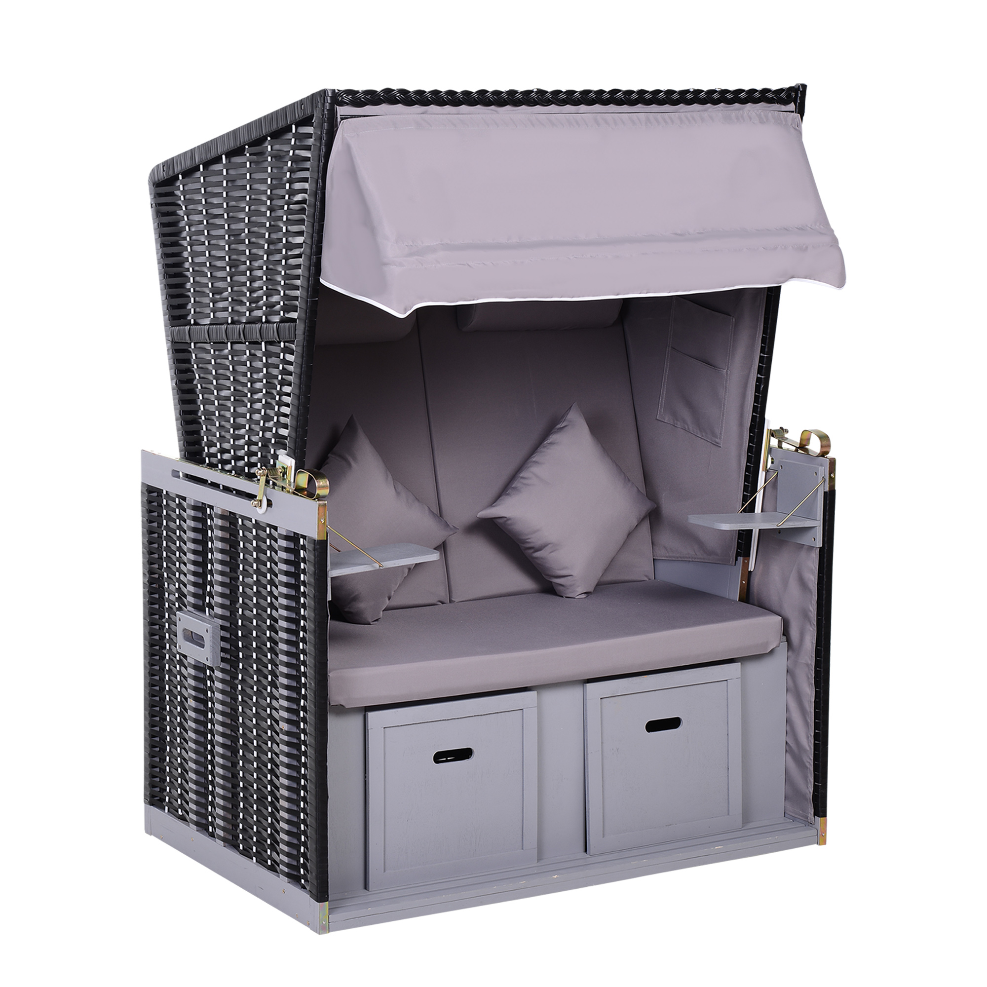 Outsunny Strandkorb Volllieger Doppelte Sonnenliege mit Dach Gartenliege Getränkehalter Chaiselounge PE Rattan Grau 118 x 79 x 50 cm   Aosom