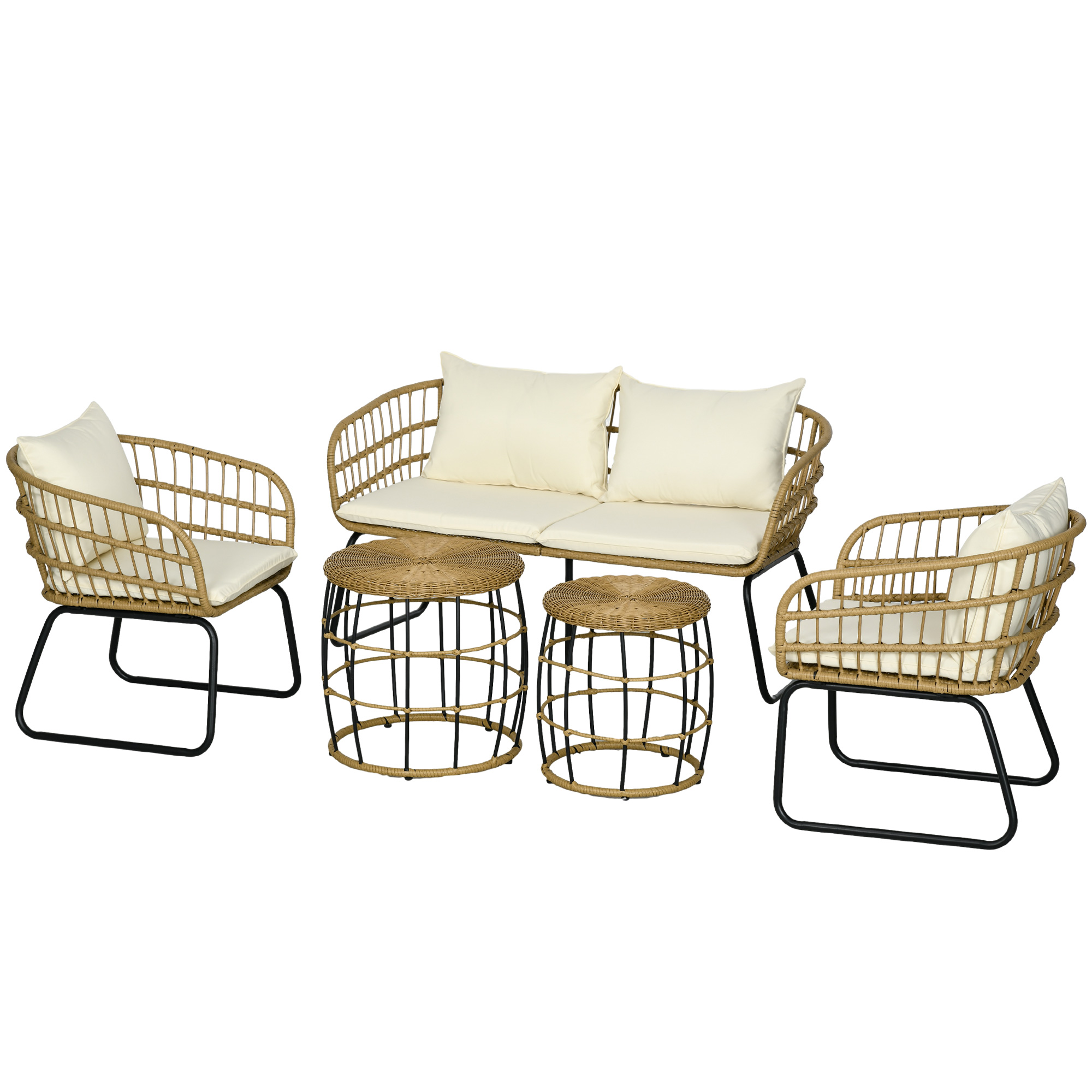 Outsunny 5 tlg Rattan Gartenmöbel-Set mit Kissen, 2 Couchtischen, 2 Sesseln, 1 Doppelsofa, Gartengarnitur in Beige für Terrasse & Garten Aosom.de