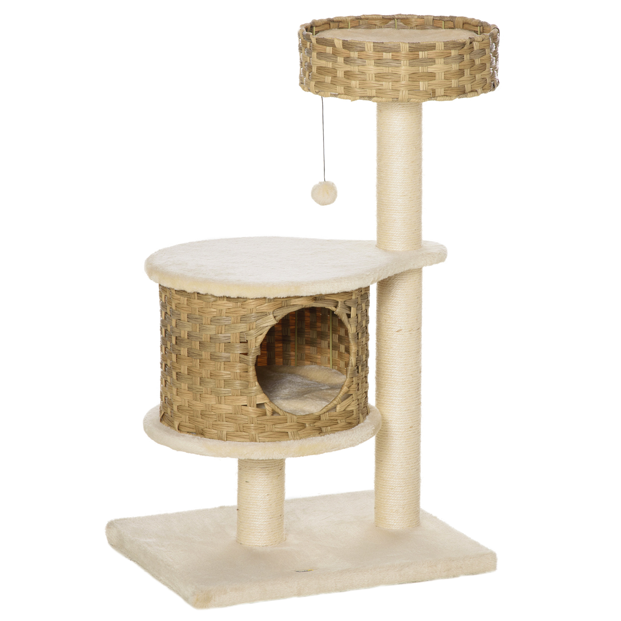 PawHut Kratzbaum Rattan mit Katzenhöhle und Ballspielzeug, Katzenbaum für kleine Katzen, Natur und Beige   Aosom.de